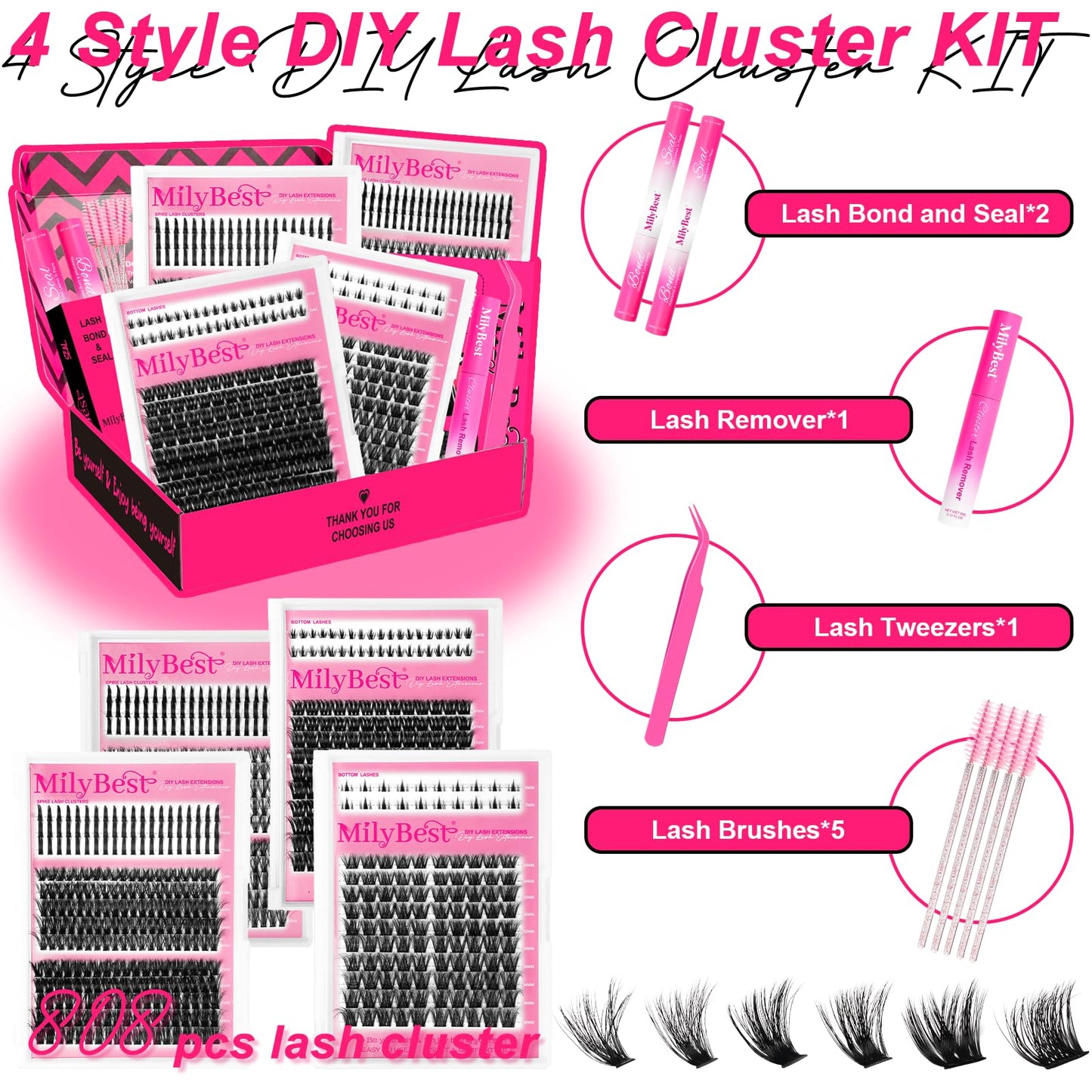 MilyBest Lash Clusters Kit 808Pcs Eyelash Clusters with Spikes and Bottom Lashes Clusters D Curl 4 Styles Lash Kit Fluffy DIY Individual Eyelashes Glue Wispy Cluster Eyelash Extensions Kit De Pestañas