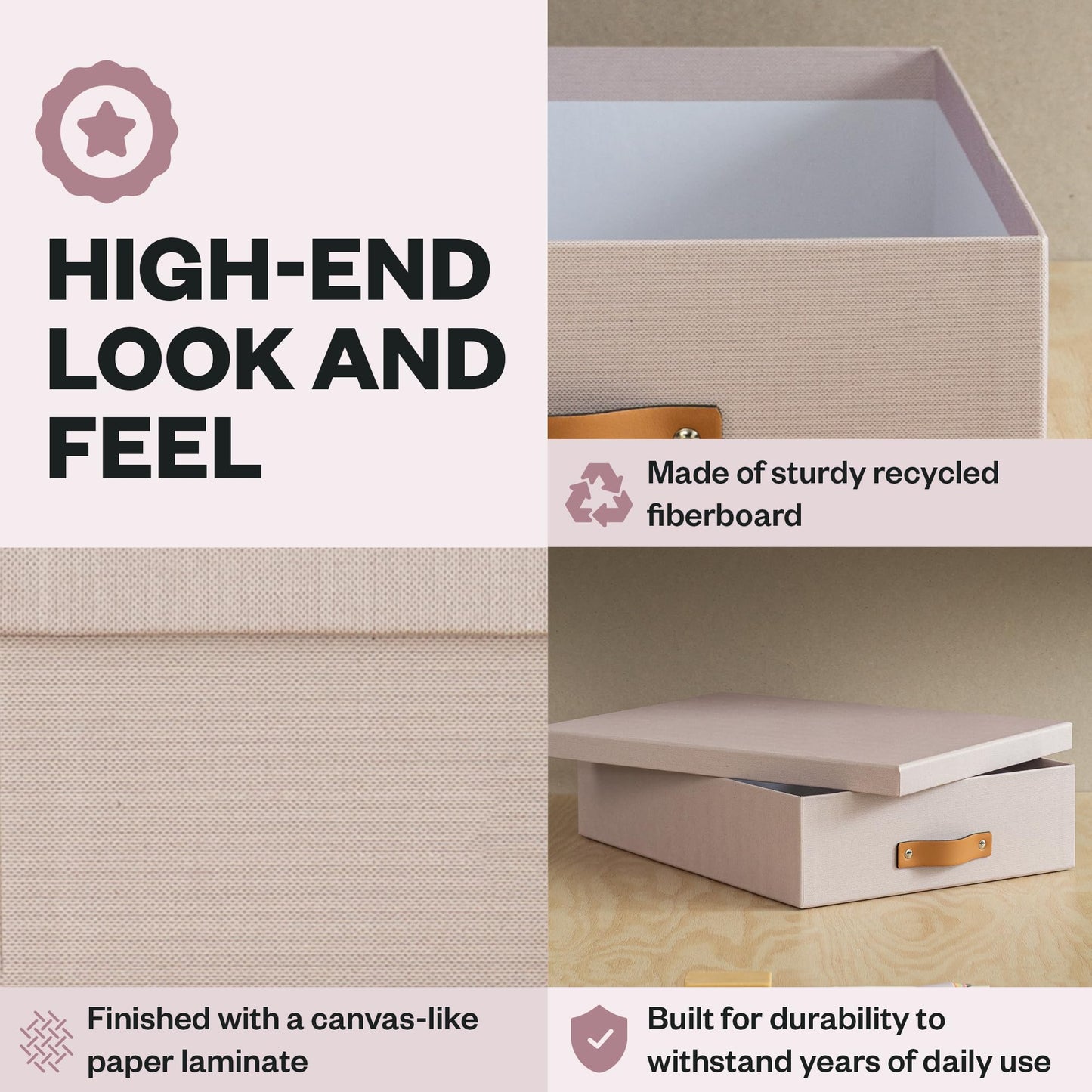Bigso Oskar Fiberboard Document Storage Box with Lid for A4 and Letter Size Papers - Stylish, Sturdy, and Stackable Keepsake Box with Leather Handle - W10.2in x D13.8in x H3.3in - Pink Rose