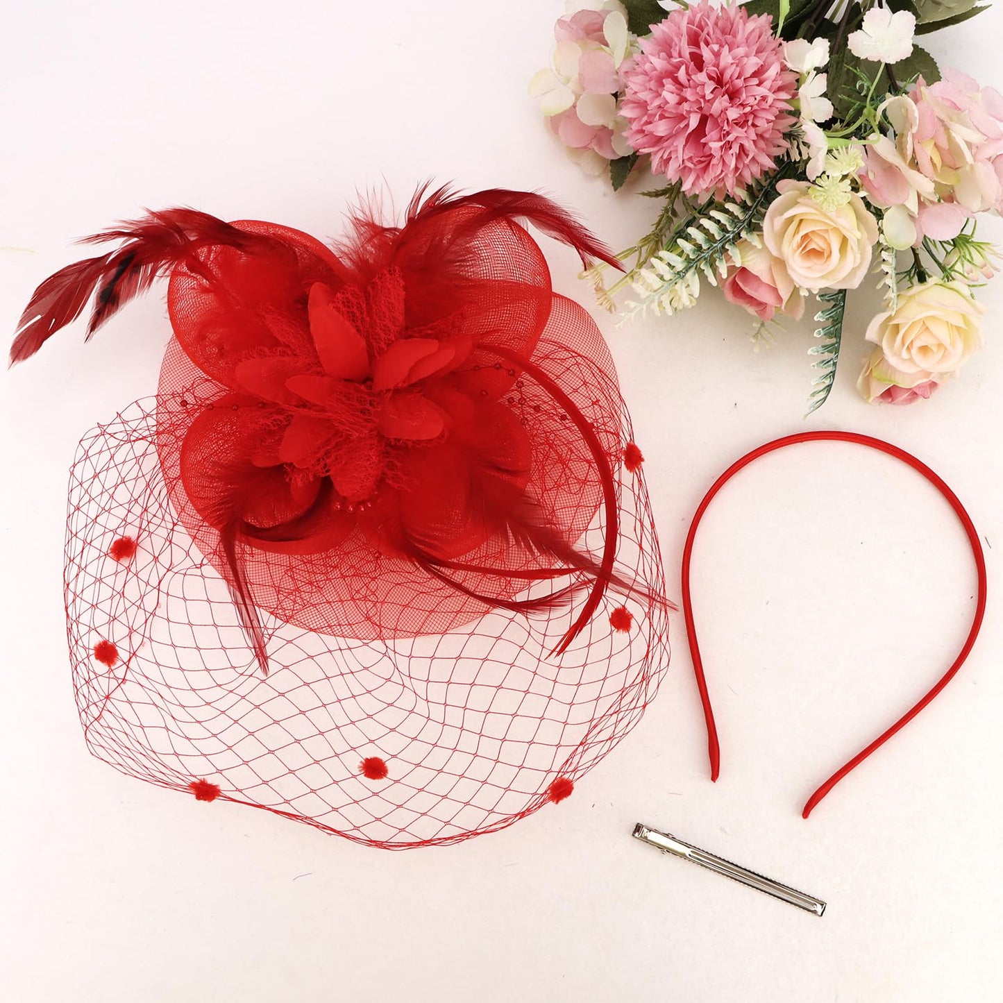 Semato Fascinators Hats for Women Mesh Feathers Elegant Red Tea Party Kentucky Hat Derby Headband with Hair Clip