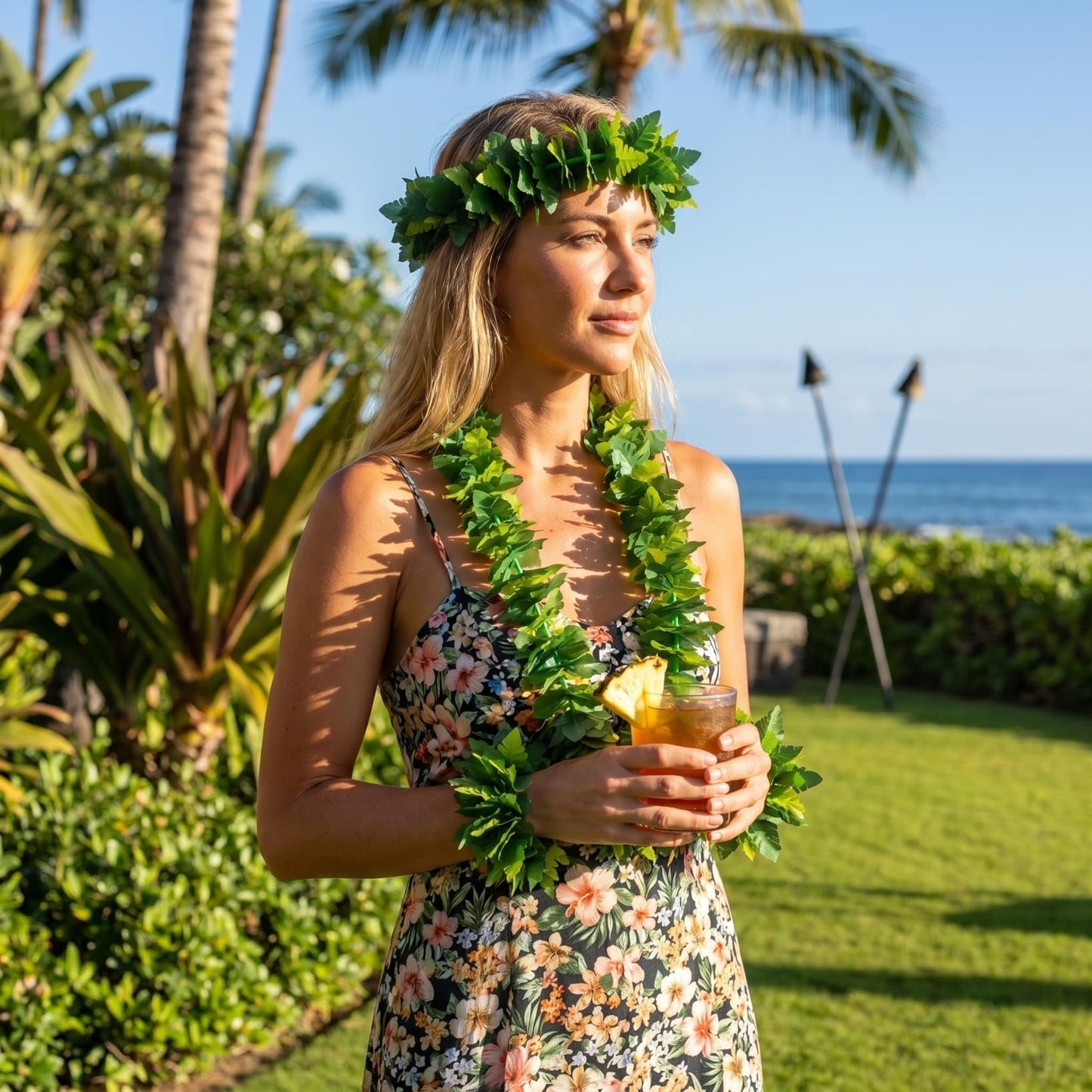 Housoutil Hawaiian Green Leaf Leis Set, Green Hawaiian Party Garland, Tropical Hula Dance Accessories, Artificial Foliage Necklace Headband Wristbands, Summer Beach Jungle Hula Costume for Party