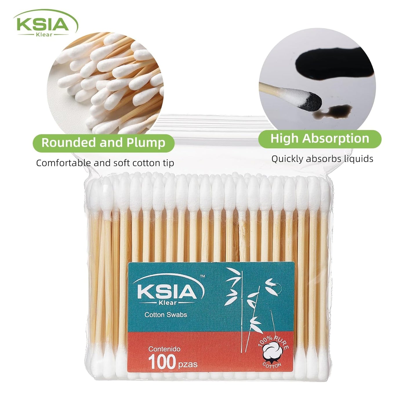 Klear Cotton Swabs - 500 Count Double Tipped Buds for Ears & Makeup | Strong Wooden Sticks, 5 Bags