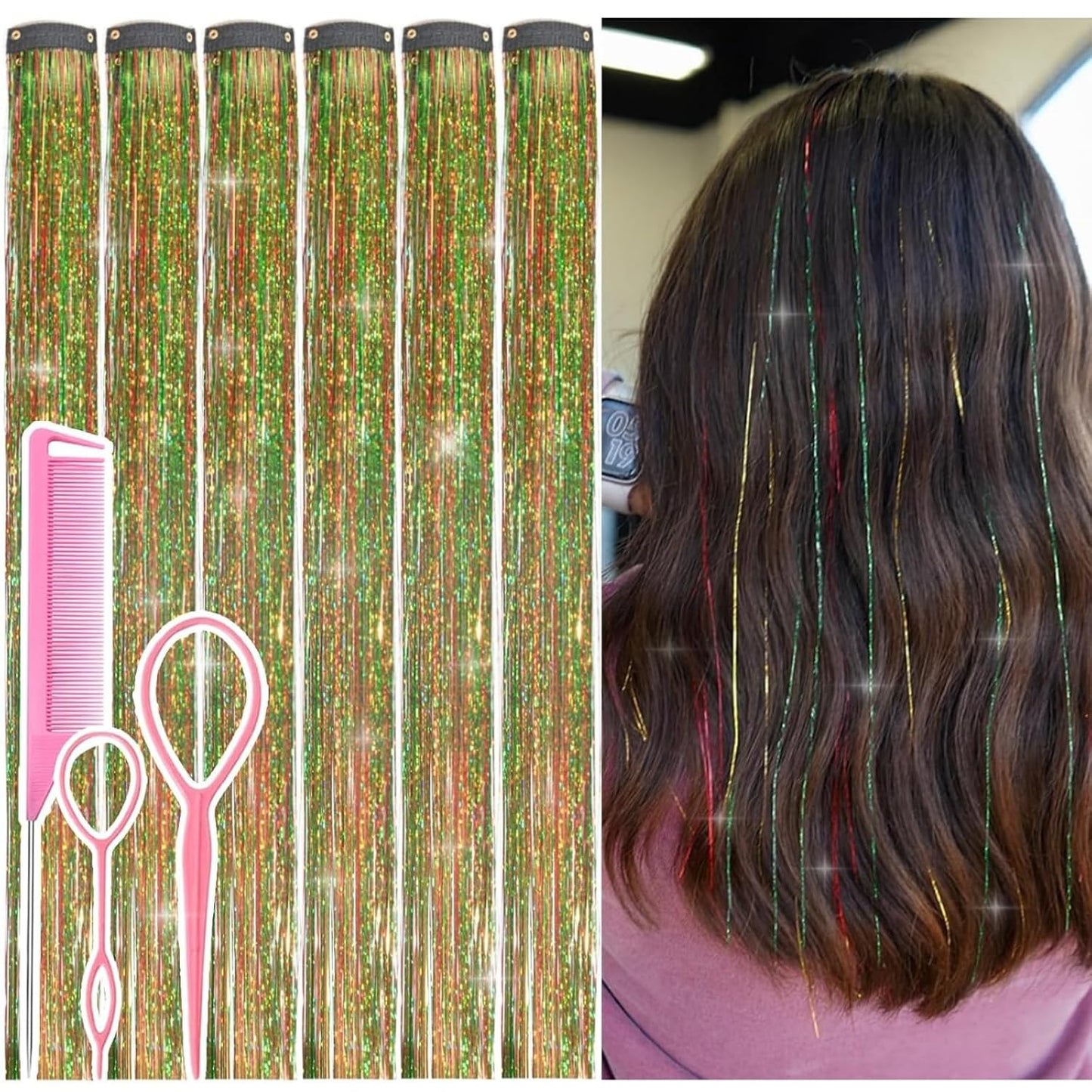 Hair Tinsel Kit - 12 Pcs Colorful Glitter Clip-In Extensions | 24 Inch for Girls, Women & Kids
