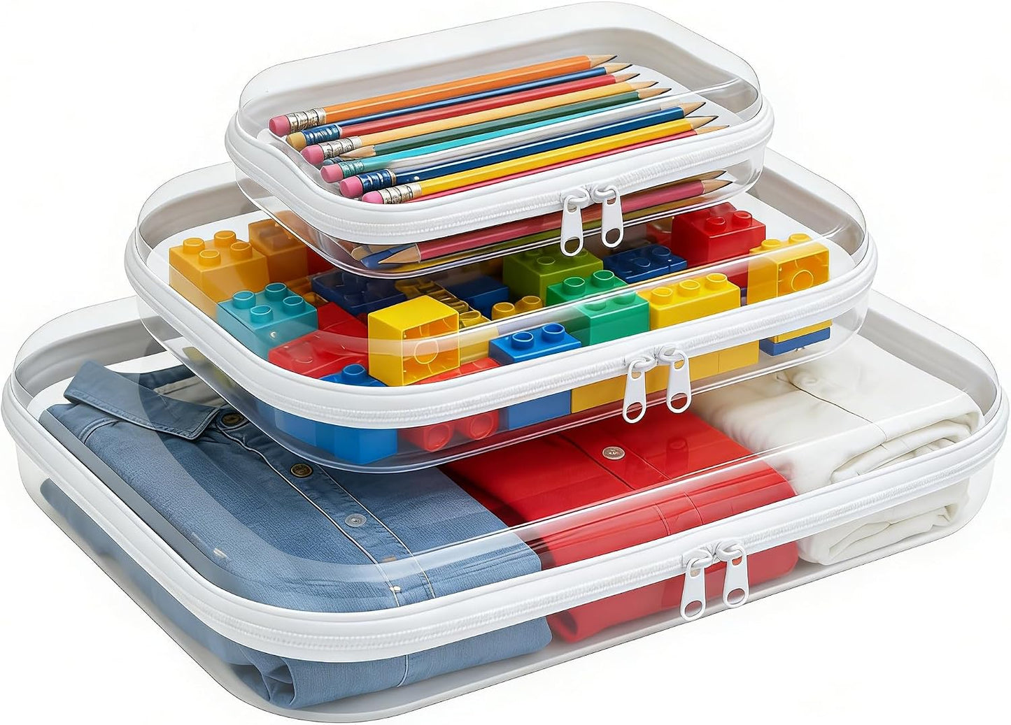 Clear Hard Shell Zipper Case Set - 3PCS Portable Toiletry & Makeup Organizer | White