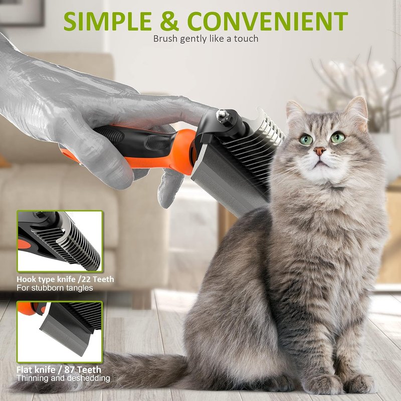 2 in 1 Professional Grooming Rake for Cats & Dogs - Dematting Comb for Easy Mats & Tangles | Orange