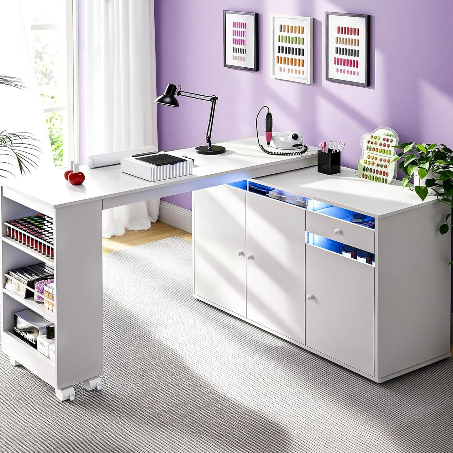 L-Shaped Manicure Table - Modern Nail Salon Desk with Storage & LED Light | White, Convertible Design