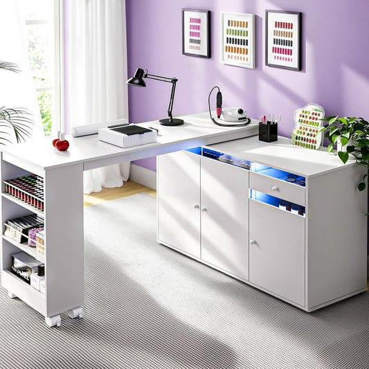 HolaiNail L-Shaped Manicure Table with Dust Collector, Nail Tech Desk with Storage Cabinet, Drawer, Rotating & Convertible Nail Workstation with LED Light, White