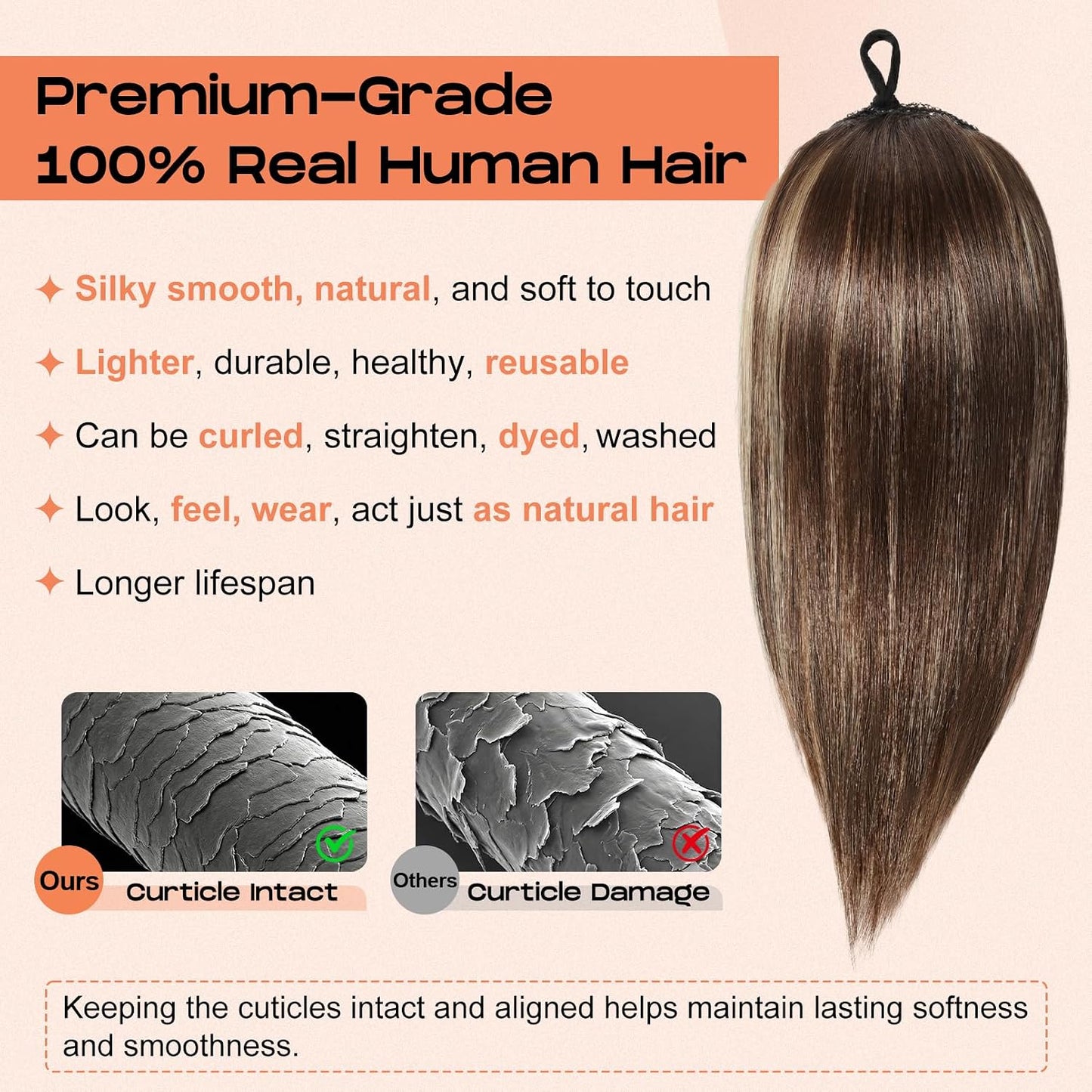 Cheer Ponytail Hair Piece | 100% Real Human Hair, 16" Straight Extension for Dance & Competition - Brown with Blonde Highlights