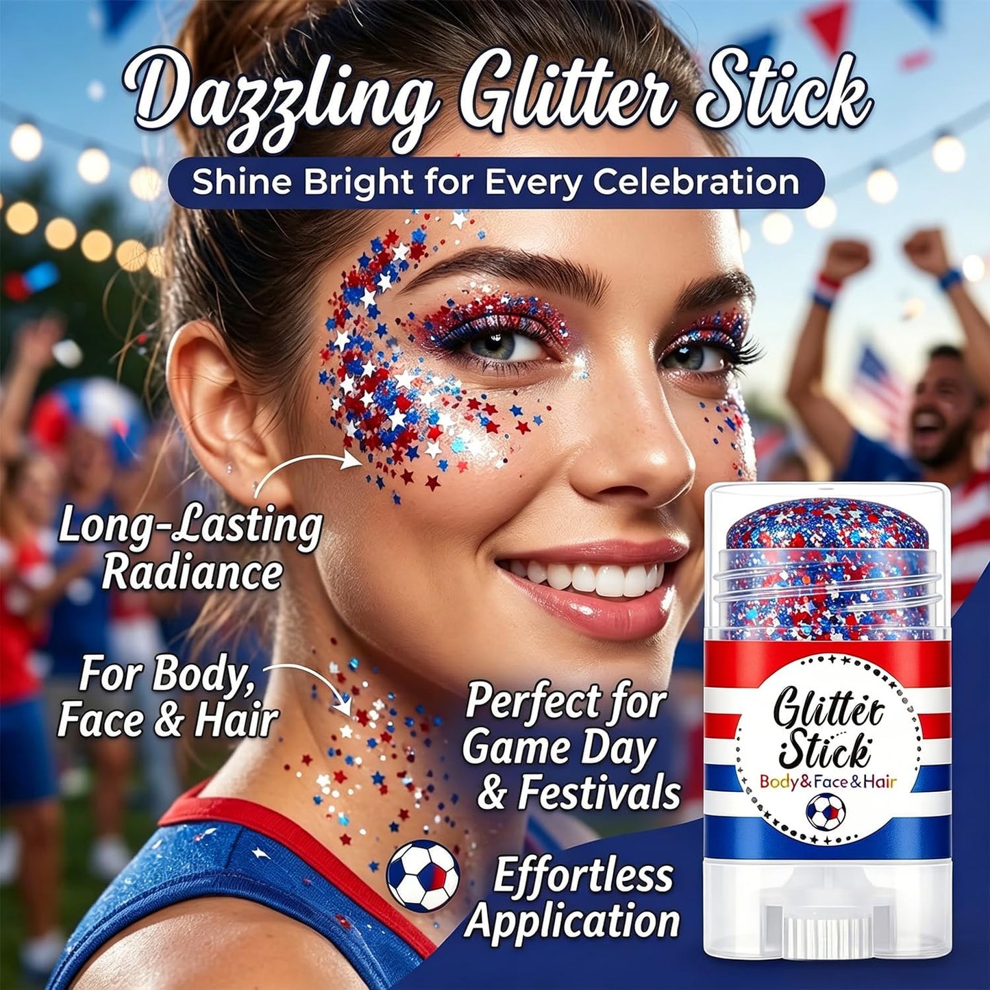 4th of July Glitter Stick - Patriotic Red, White & Blue Body Glitter for Independence Day Celebrations | Perfect for Outfits & Decorations