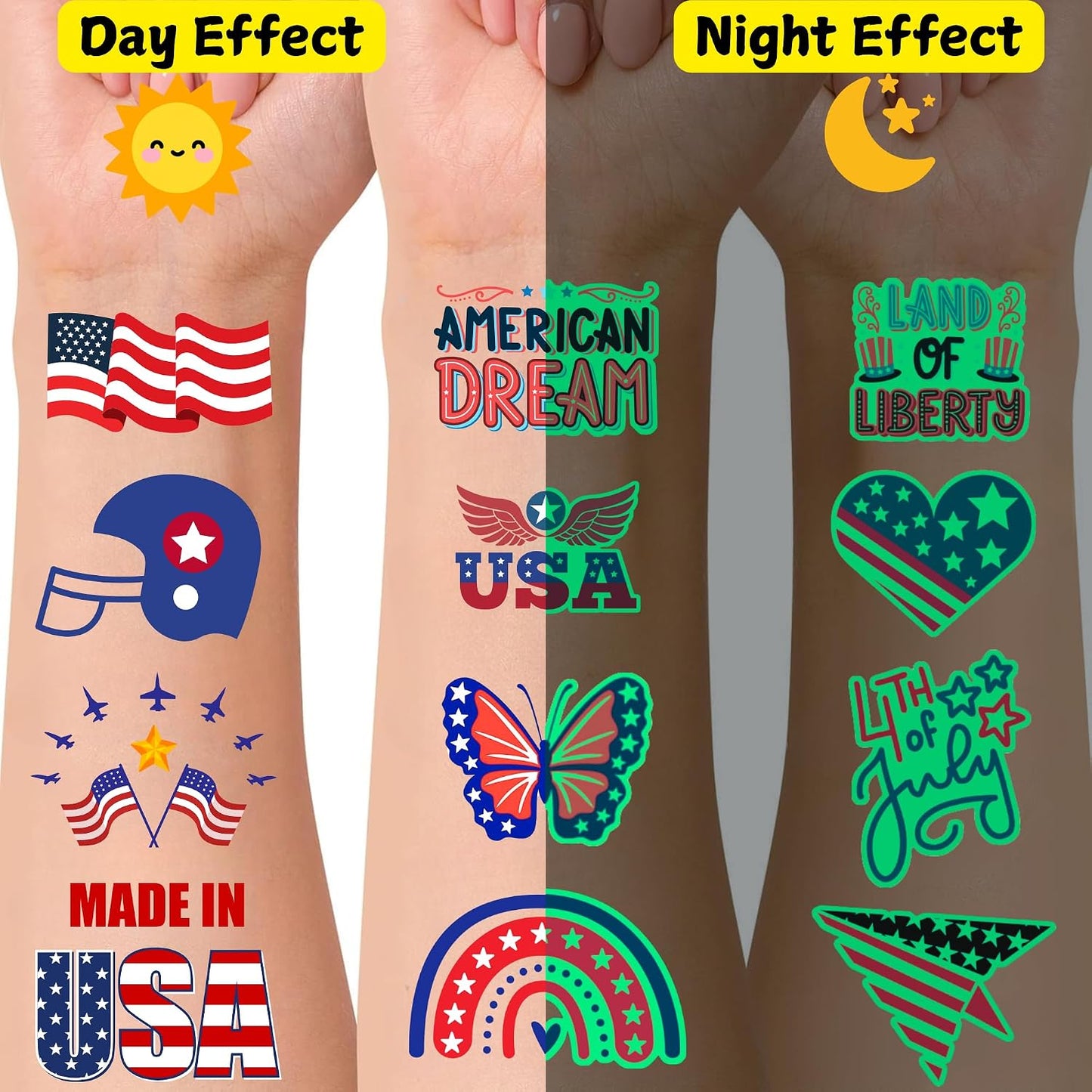 Luminous 4th of July Temporary Tattoos - Glow in Dark Patriotic Party Favors | Red, White & Blue Designs