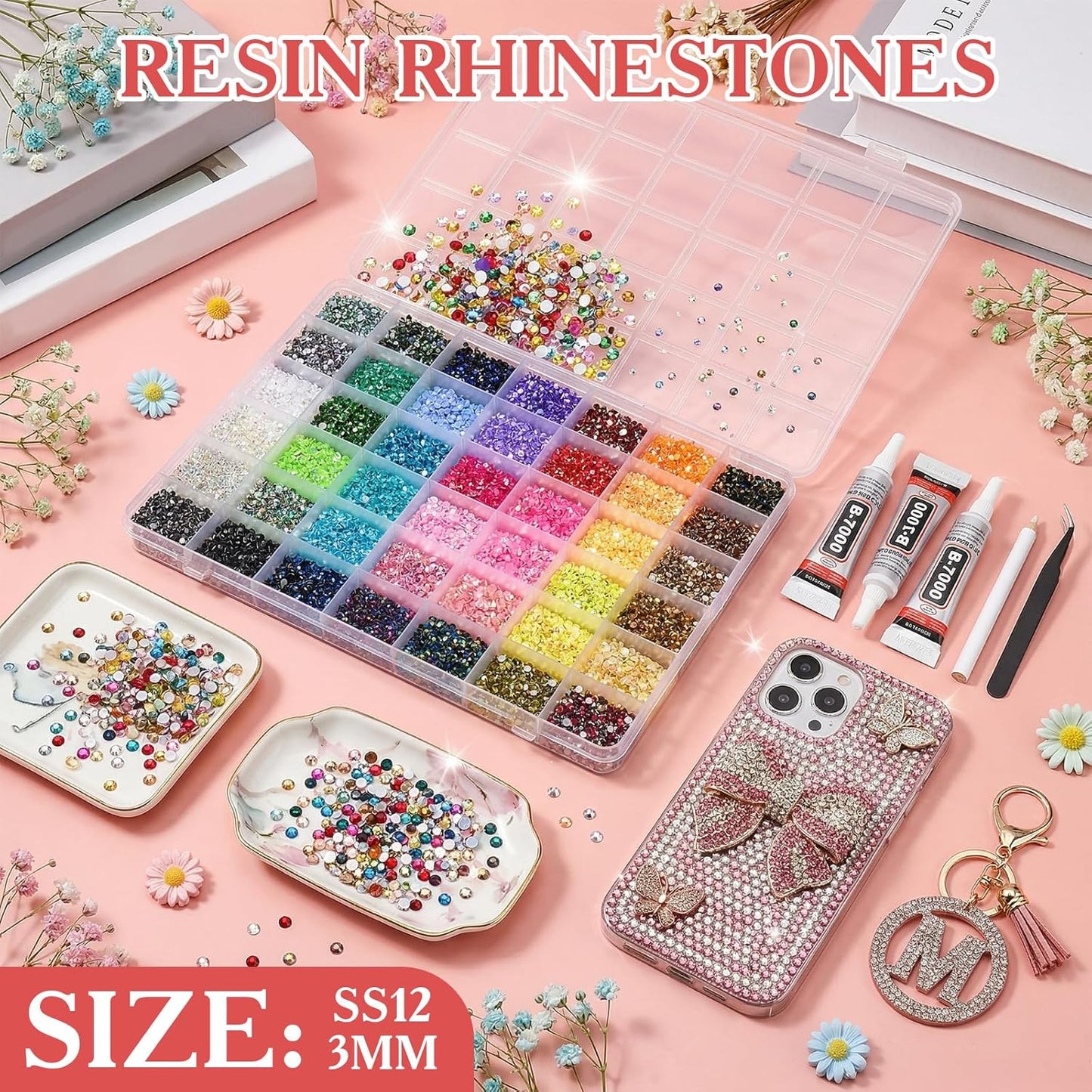 Bedazzling Rhinestone Kit - 80000 Pcs 3mm Flatback Gems in 42 Colors | Includes B7000 Glue, Tweezers & Pen for Crafts, Nail Art, Tumblers