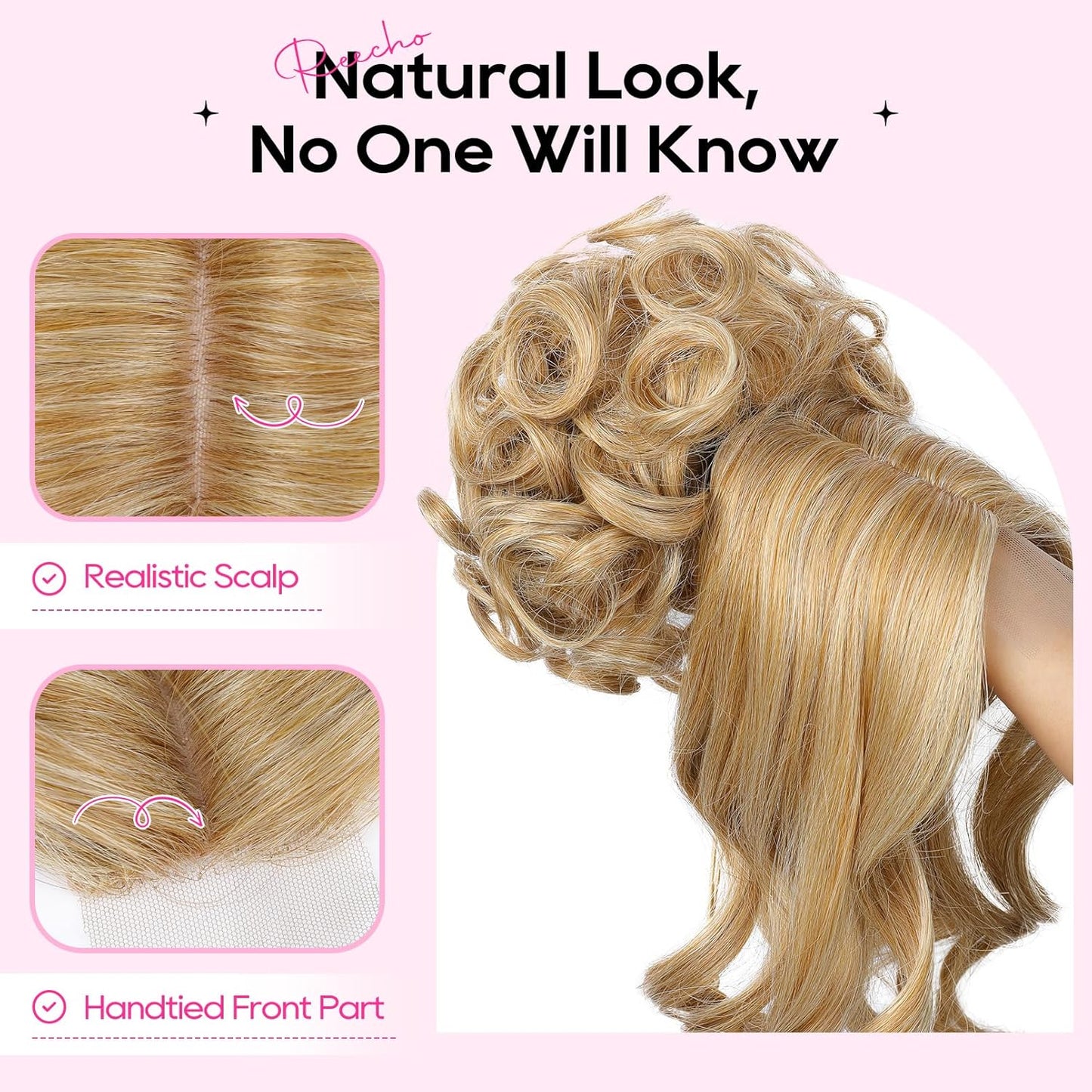 REECHO Messy Bun Hair Piece with Bangs - 2-in-1 Curly Updo Wig & Natural Drawstring Ponytail Extension | Dark Blonde