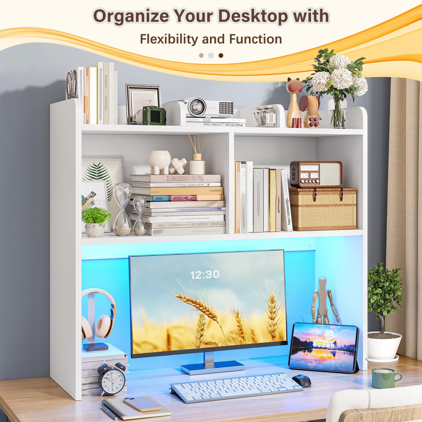 REIBII Desk Hutch Dorm for Computer Monitor Up to 27", Dorm Desk Hutch Top Only with RGB Light Strip, Wooden Desktop Bookshelf with 6 Shelves, 3-Tier Desktop Shelf for Home Office Dorm, White