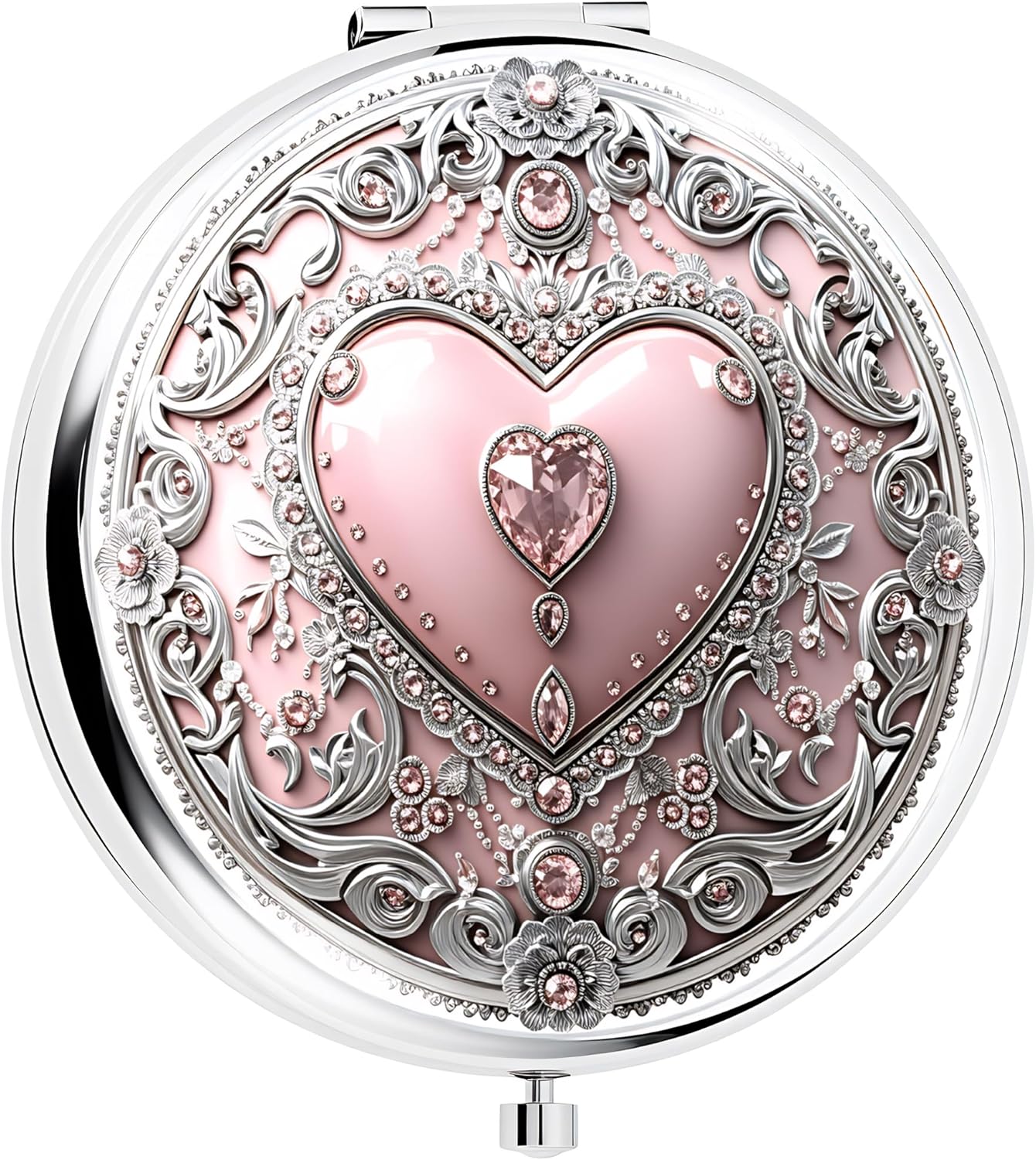 Silver Compact Mirror - Double-Sided Folding Makeup Mirror with Pink Heart Design | 2.8x2.8 Inch Ideal Gift for Women