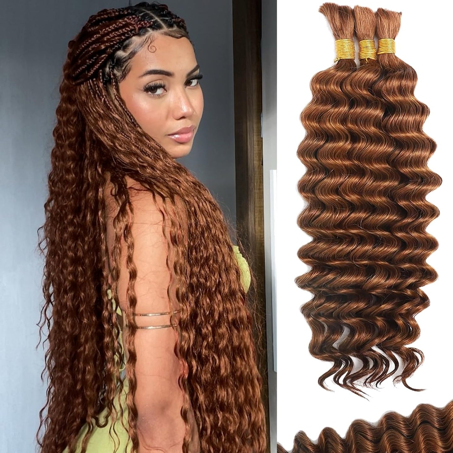 BIZVUS Human Braiding Hair for Boho Braids 110g Deep Wave Boho Bulk Human Hair for Braiding Knotless 12A Wet and Wavy Bulk Bohemian Curly 3 Bundles/Pack #30 Auburn Ginger Color 20 inch