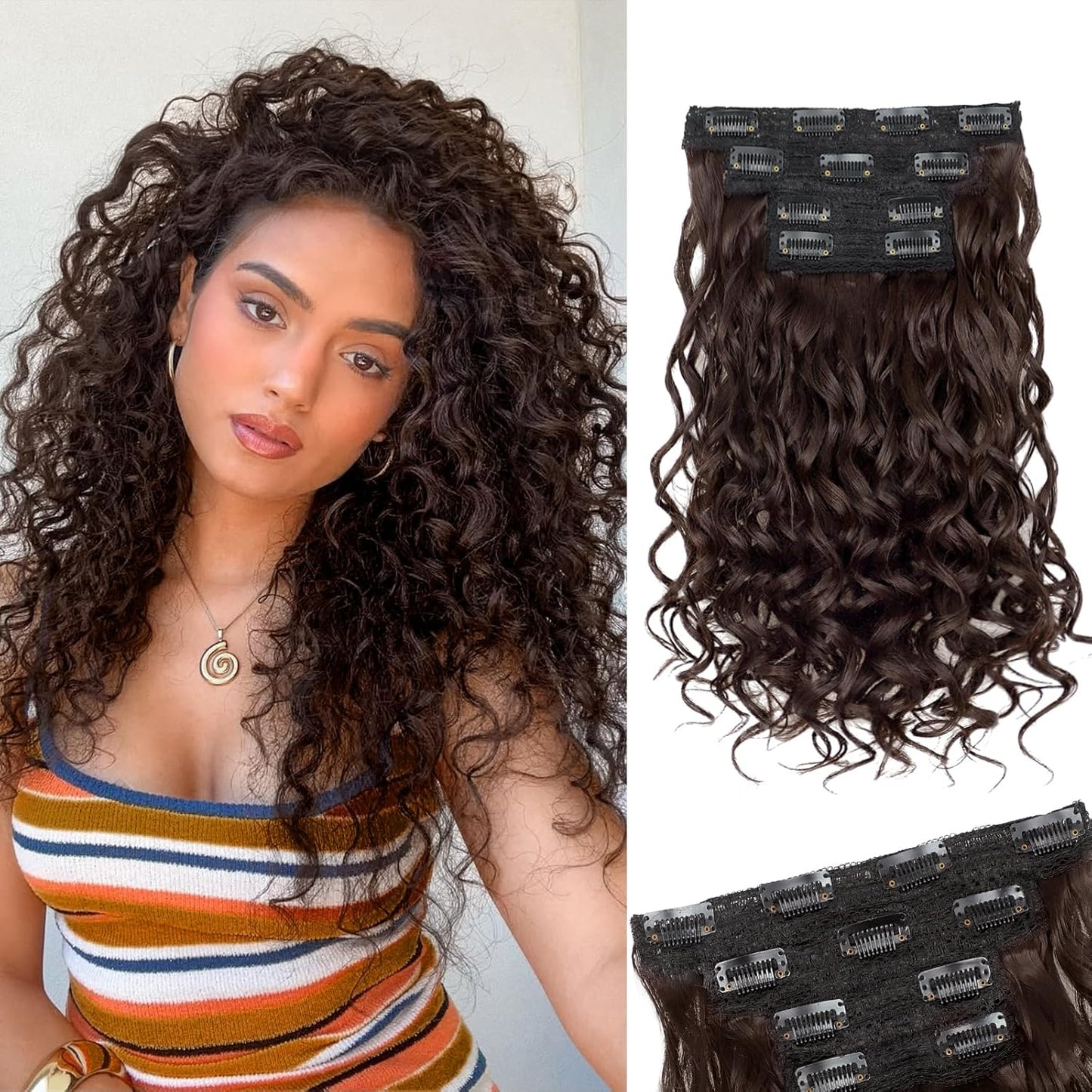 Curly Clip-In Hair Extensions - 20 Inch Thick Natural Synthetic Hairpieces | 4PCS Black