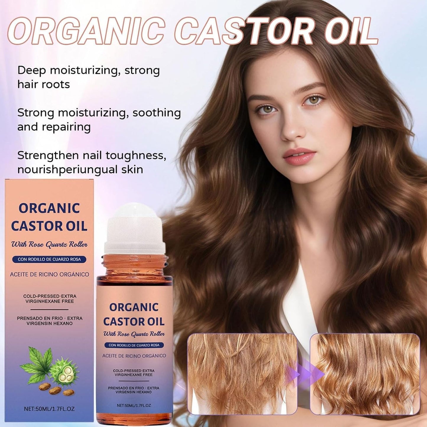2PCS Organic Castor Oil with Rose Quartz Roller, 100% Castor Oil Organic Cold Pressed, Hexane-Free,Amber Glass Bottle for Skin 1.7oz
