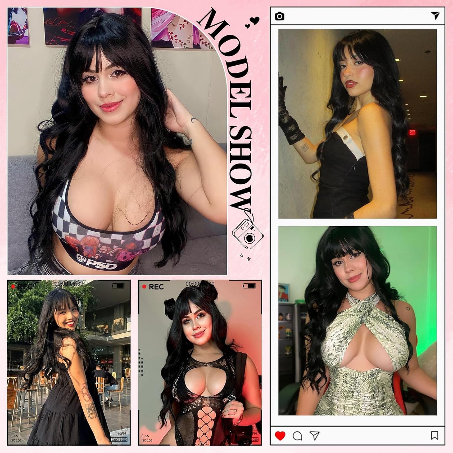 NOSTALGIA Black Wig - Long Curly Wavy Synthetic Wig with Bangs for Women | Perfect for Daily or Party Wear