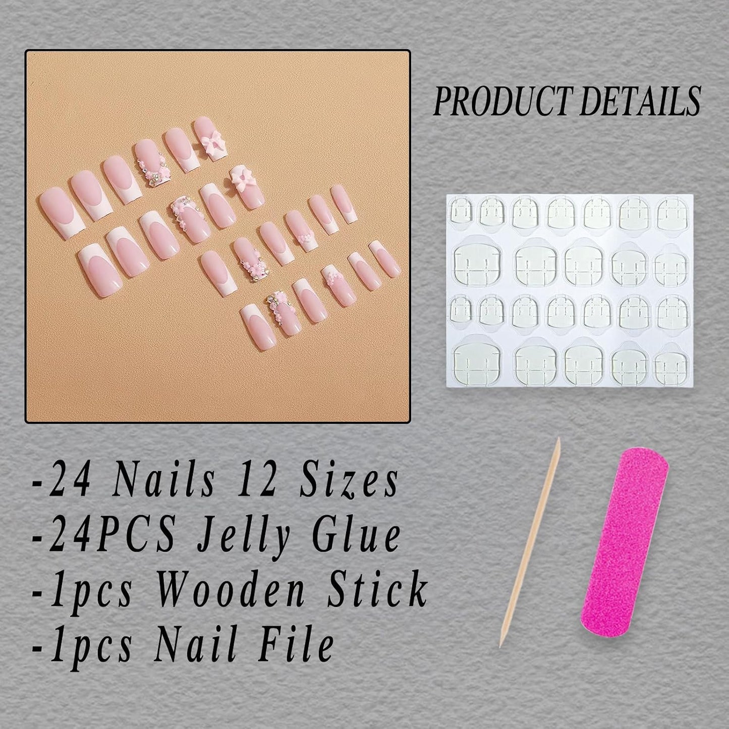 French Tip Press-On Nails - Medium Square Acrylic Nails with 3D Bow & Flower Charms | Glossy Nude Color, 24 Pcs