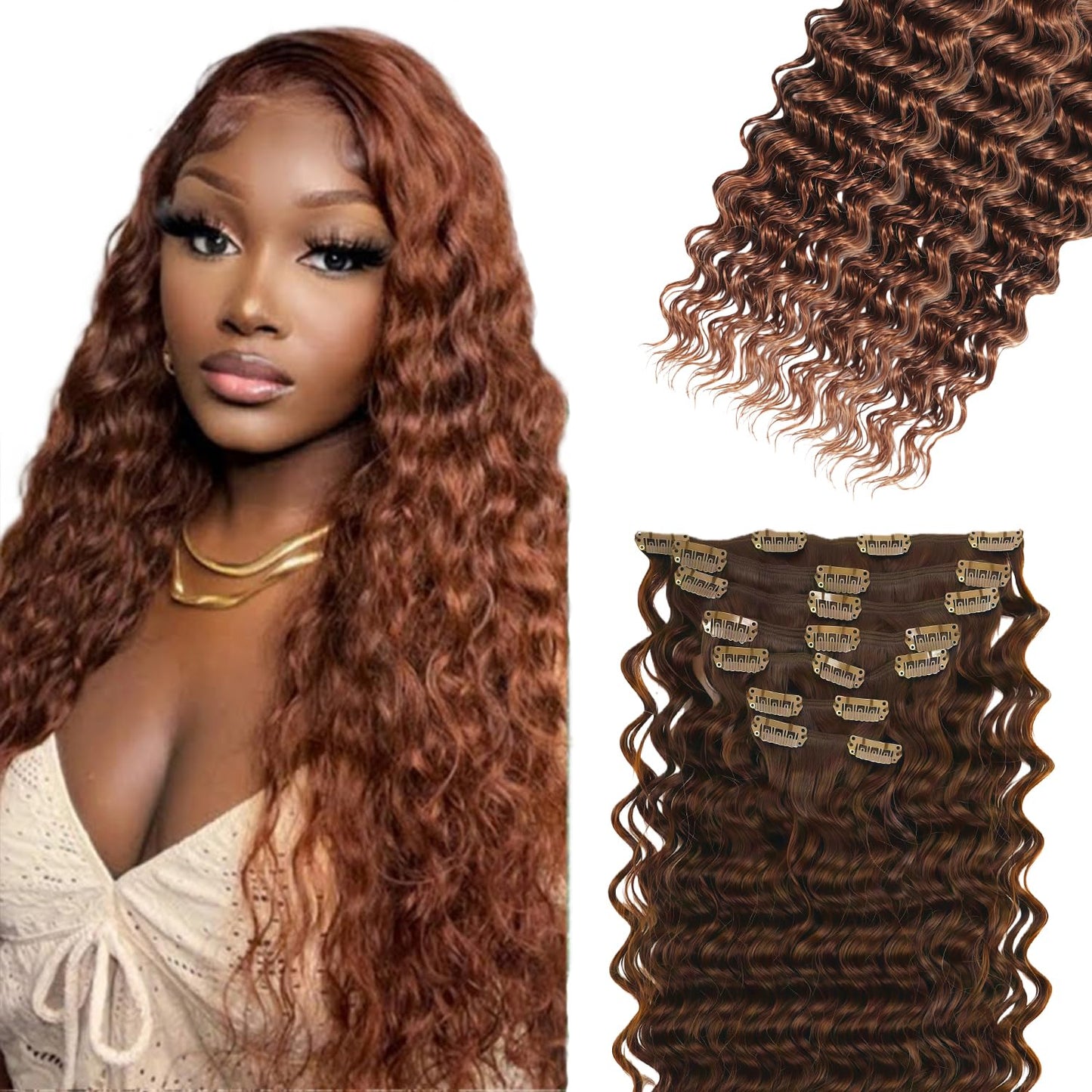 #30 Brown Clip in Hair Extensions Real Human Hair, 26 Inch 120g/7Pcs,Full Shine Remy Human Hair,Light Brown Deep Wave Clip ins Brazilian Virgin Human Hair Extensions