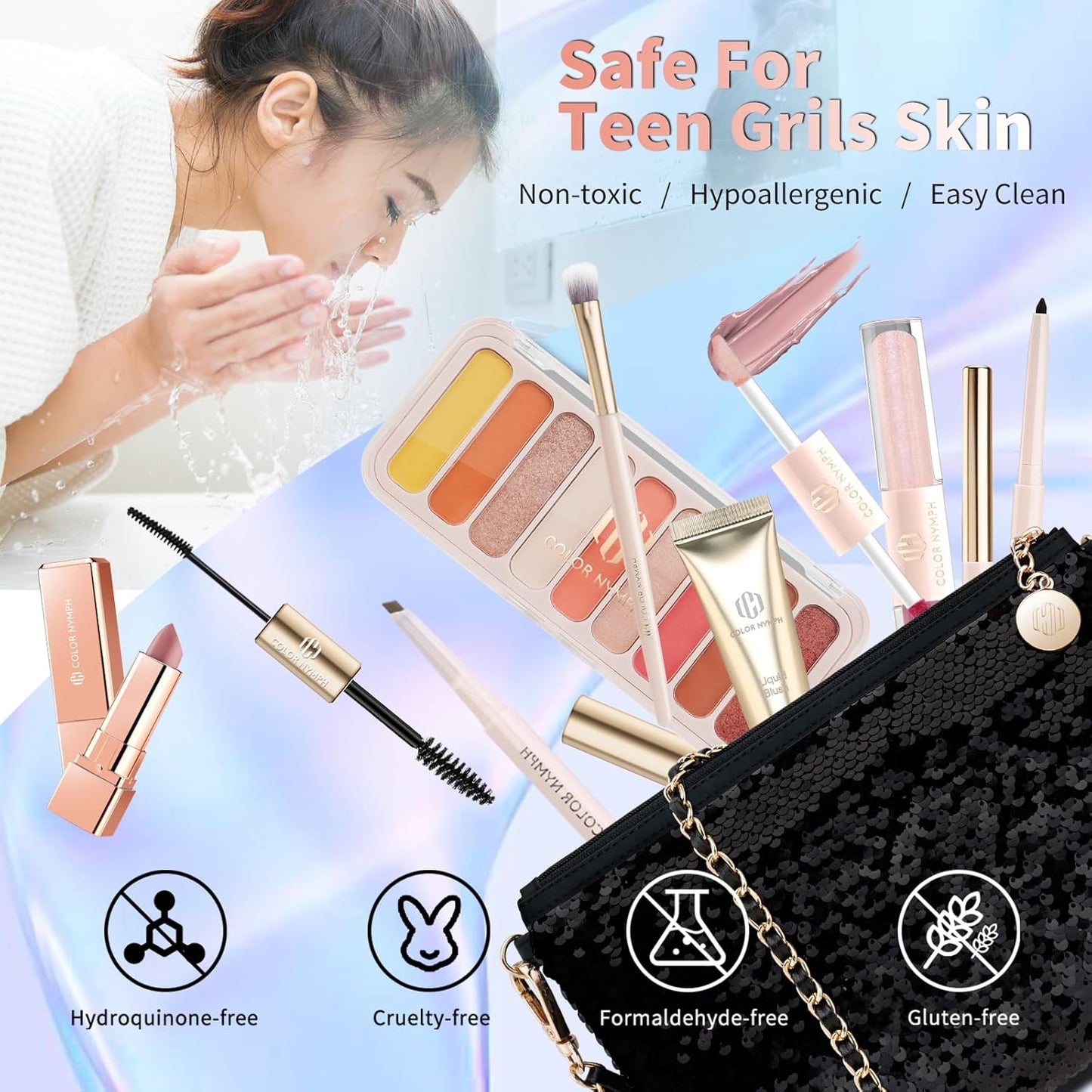 Color Nymph Makeup Kit - All-in-One Makeup Set for Beginners | 9 Colors Eyeshadow Palette, Lip Gloss, Eyeliner, Mascara - Orange Pink