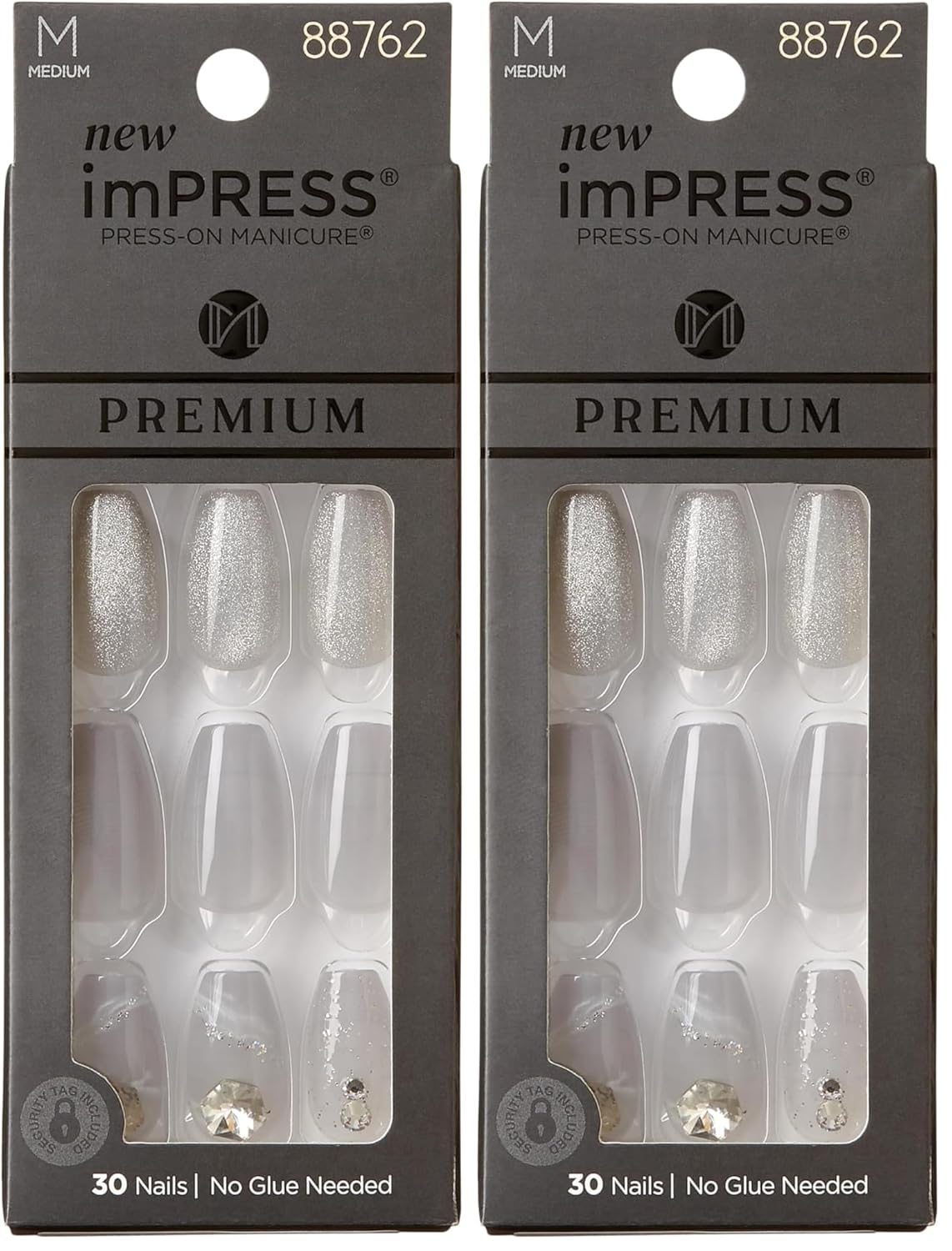 KISS imPRESS Press-On Manicure - Gray V-Cut Stone Fake Nails | Medium Ballerina/Coffin Shape, Easy Application, 30 Count