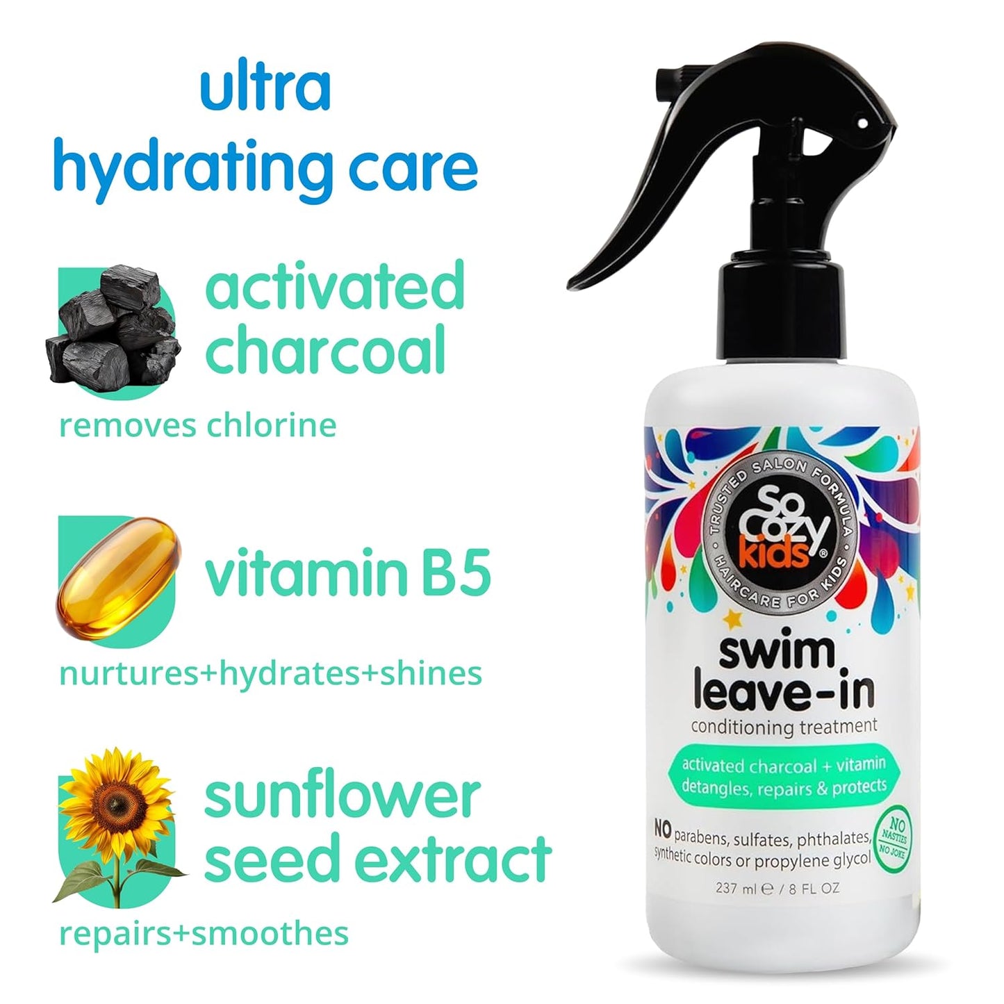 SoCozy Swim Leave-In Conditioner Spray for Kids | Protects & Repairs Pool & Sun Damaged Hair - 8 Fl Oz, Gentle Formula with Activated Charcoal & Vitamin B5