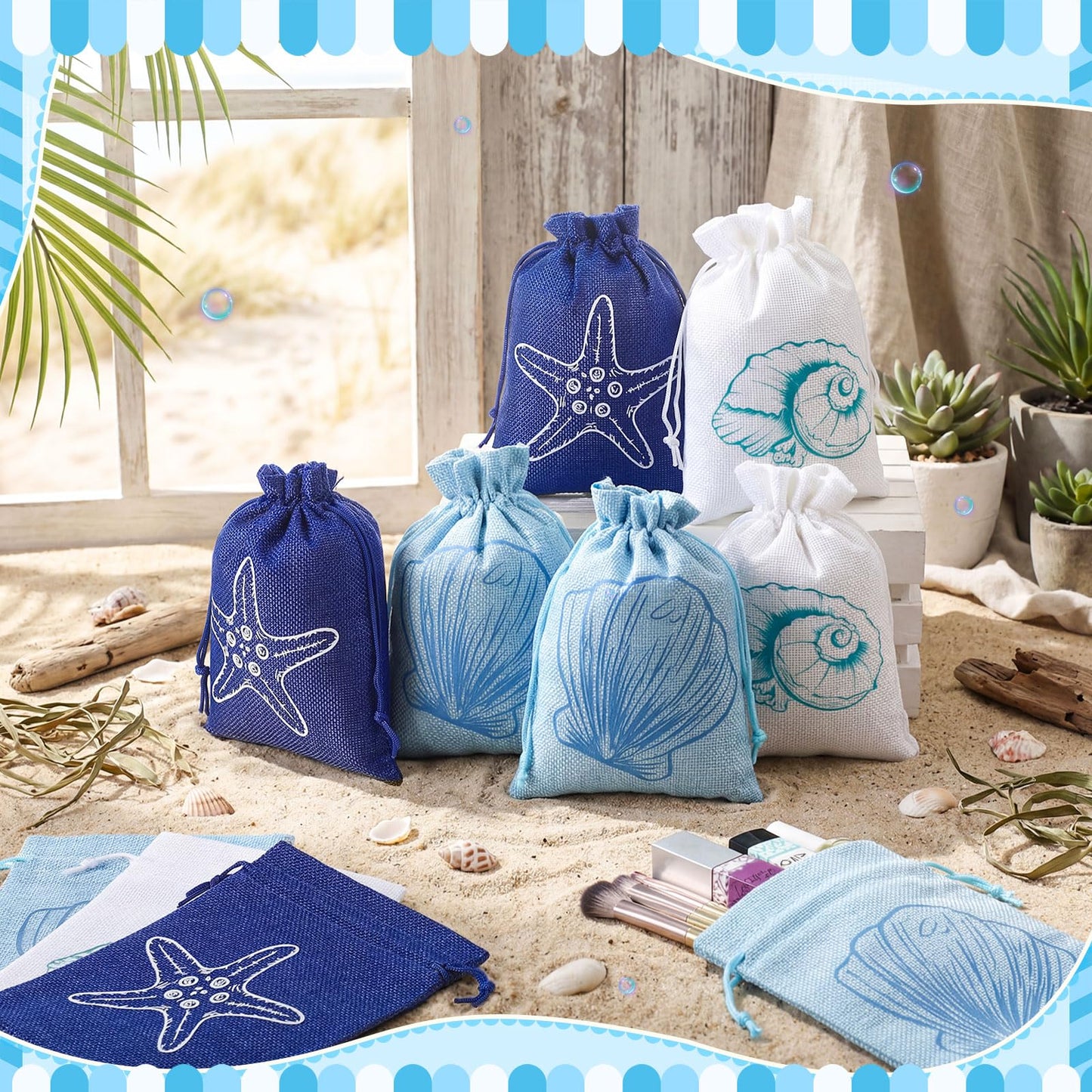 Abbylike 24 Pcs Blue Beach Seashell Burlap Gift Bags Bulk 5 x 7 Inch Starfish Conch Scallop Party Favors Coastal Reusable Drawstring Goodie Bags for Ocean Under The Sea Wedding Party Decor Supplies