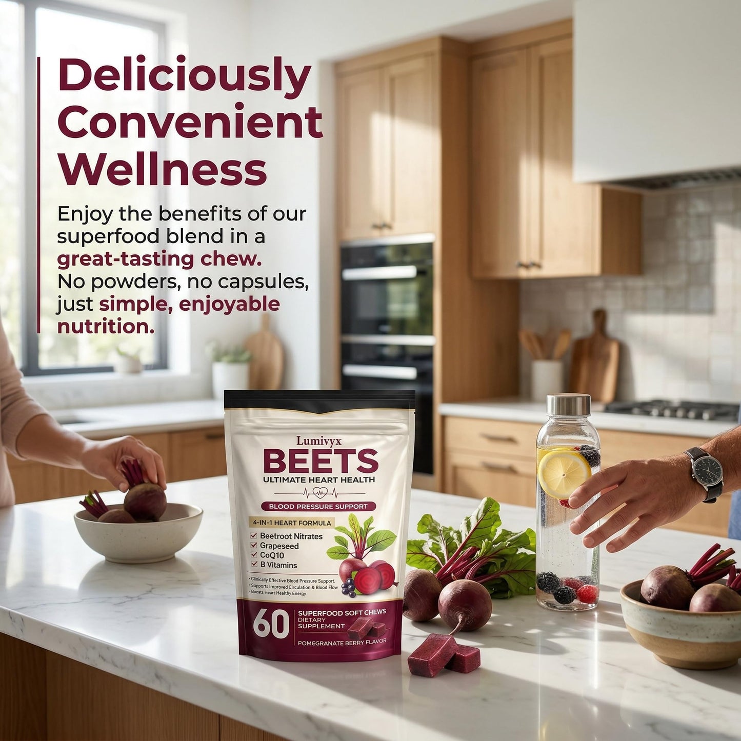 Jqewlg Lumivyx Beet Chews - Beetroot with Grape Seed Extract & CoQ10, Nitric Oxide Support Formula for Circulation & Daily Energy, Pomegranate Berry Flavor, Non-GMO, Gelatin-Free - 60 Chews