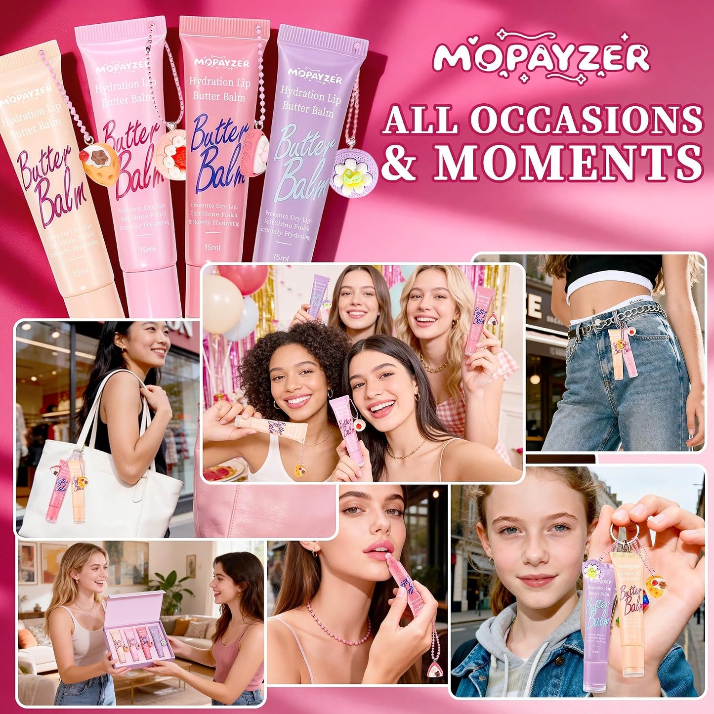 Glossy Lip Gloss Set - 4PCS High Shine Lip Makeup Kit for Teen Girls & Women | Long-Lasting with Cute Charms
