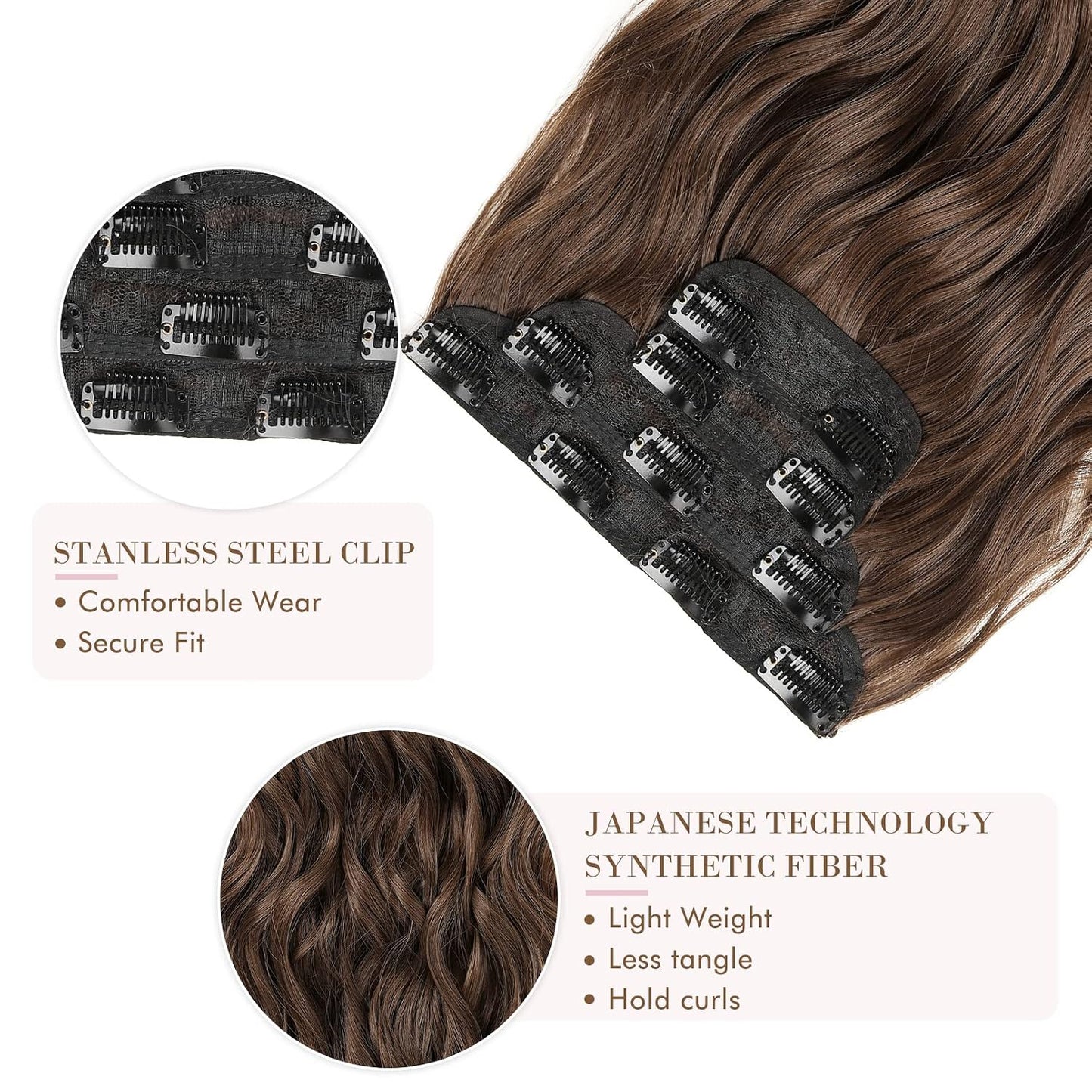 Clip-In Hair Extensions - 4PCS Natural Soft Synthetic Hairpieces for Women | Chocolate Brown