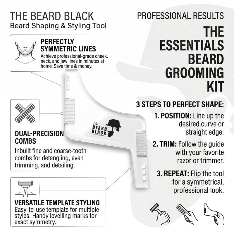 The BEARD BLACK Beard Shaping Tool & Neckline Shaper – Professional Beard Trim Guide & Stencil with Inbuilt Comb – Perfect Line Up & Edging Template for Men – Use with Trimmer or Razor