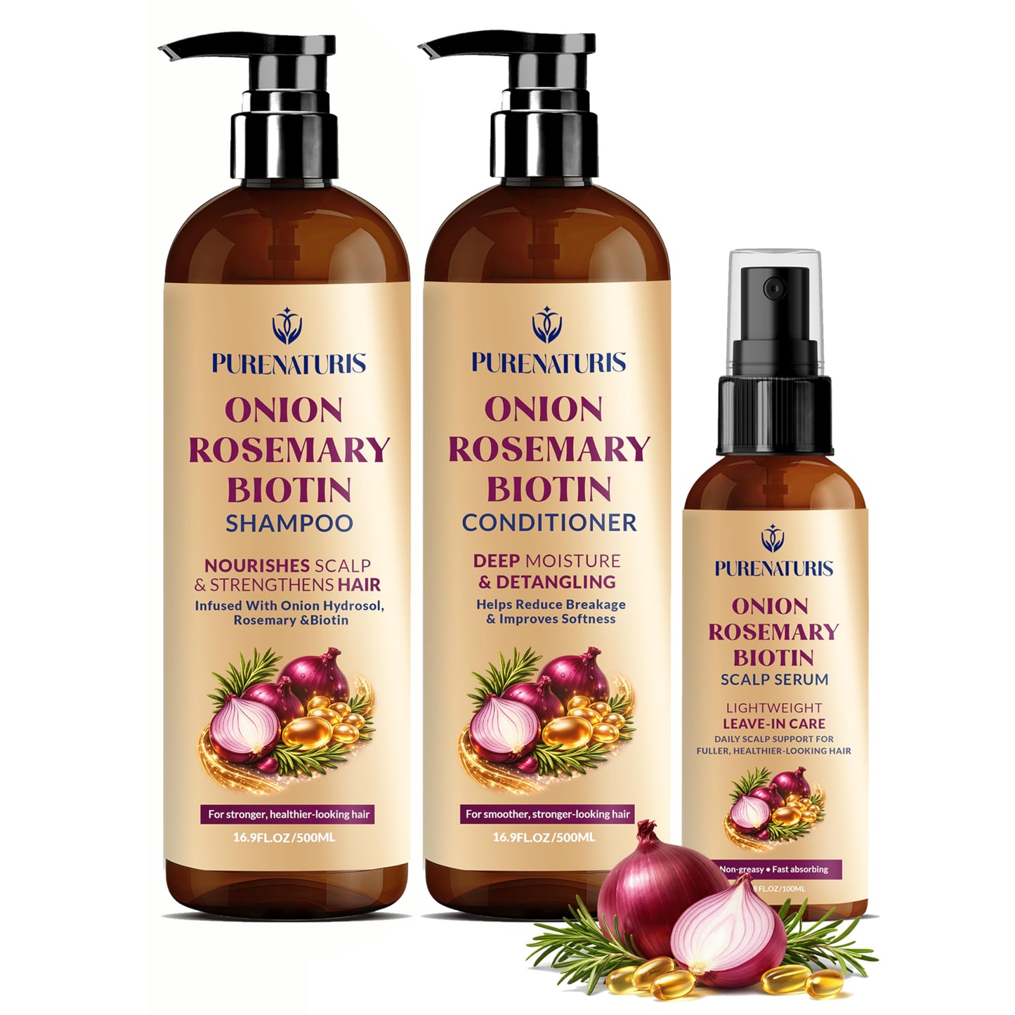 Onion Rosemary Biotin Hair Care Set – Sulfate Free Shampoo, Conditioner & Scalp Serum – Helps Strengthen Hair, Reduce Breakage & Support Fuller, Thicker-Looking Hair – 3 Piece Set