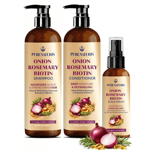 Onion Rosemary Biotin Hair Care Set – Sulfate Free Shampoo, Conditioner & Scalp Serum – Helps Strengthen Hair, Reduce Breakage & Support Fuller, Thicker-Looking Hair – 3 Piece Set
