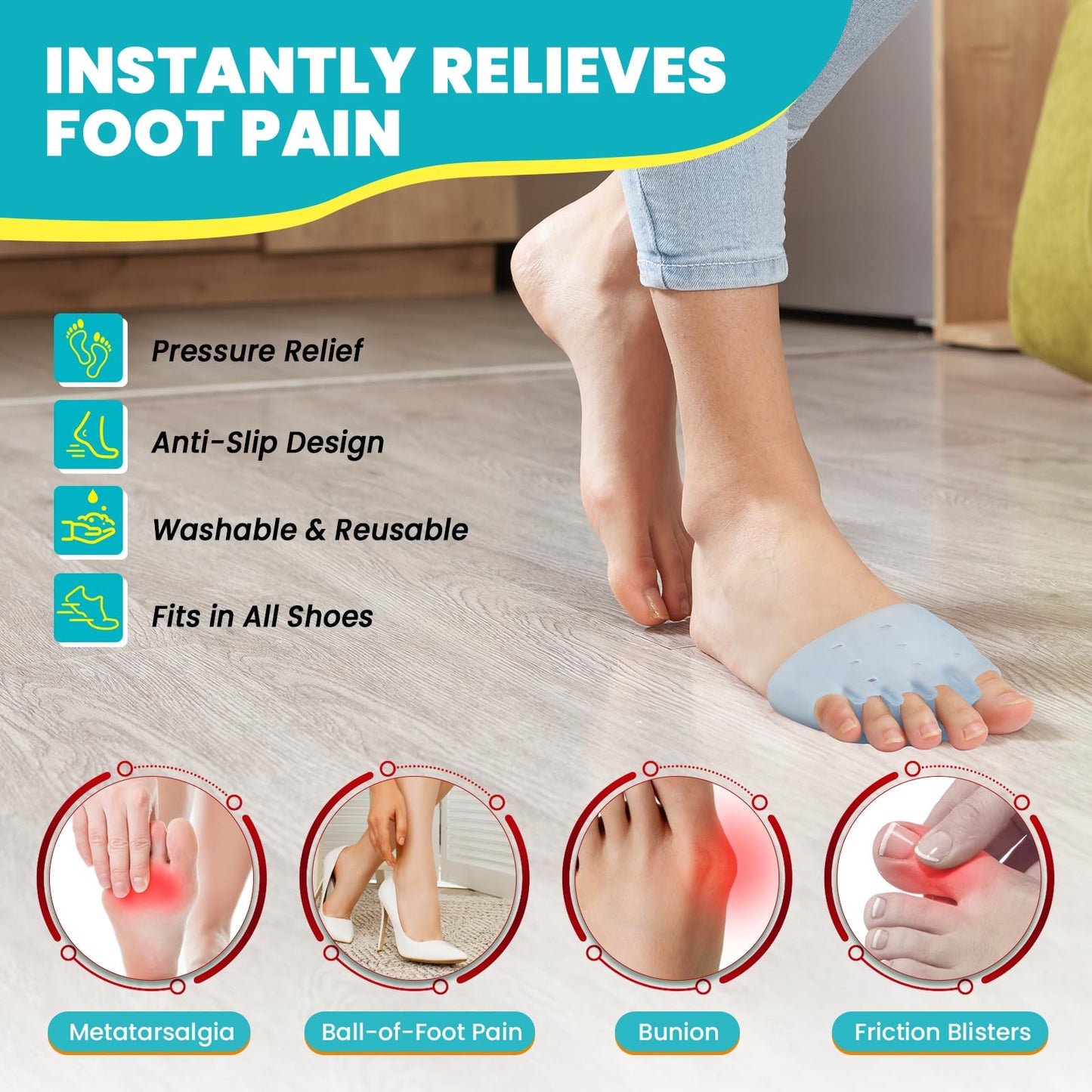 TASZOOS Toe Separators & Metatarsal Pads for Women & Men – 4 Pcs Gel Toe Spacers, Ball of Foot Cushions for Pain Relief, Metatarsalgia, Morton’s Neuroma, Comfortable Foot Pads for Walking(One Size)