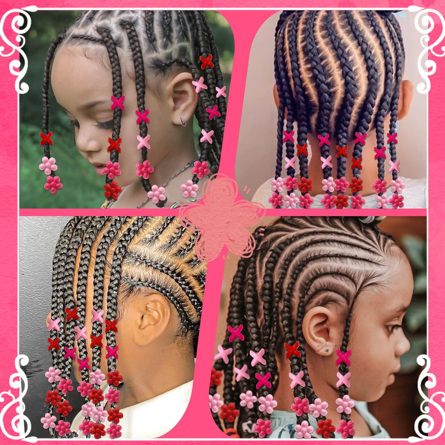 NAISKA 60PCS Pink Hair Beads for Braids Hot Pink Bead Loc Dreadlock Jewelry Multi-style Large Hole Beads Cute Flower Valentine's Day Hair Accessories for Kids Girls