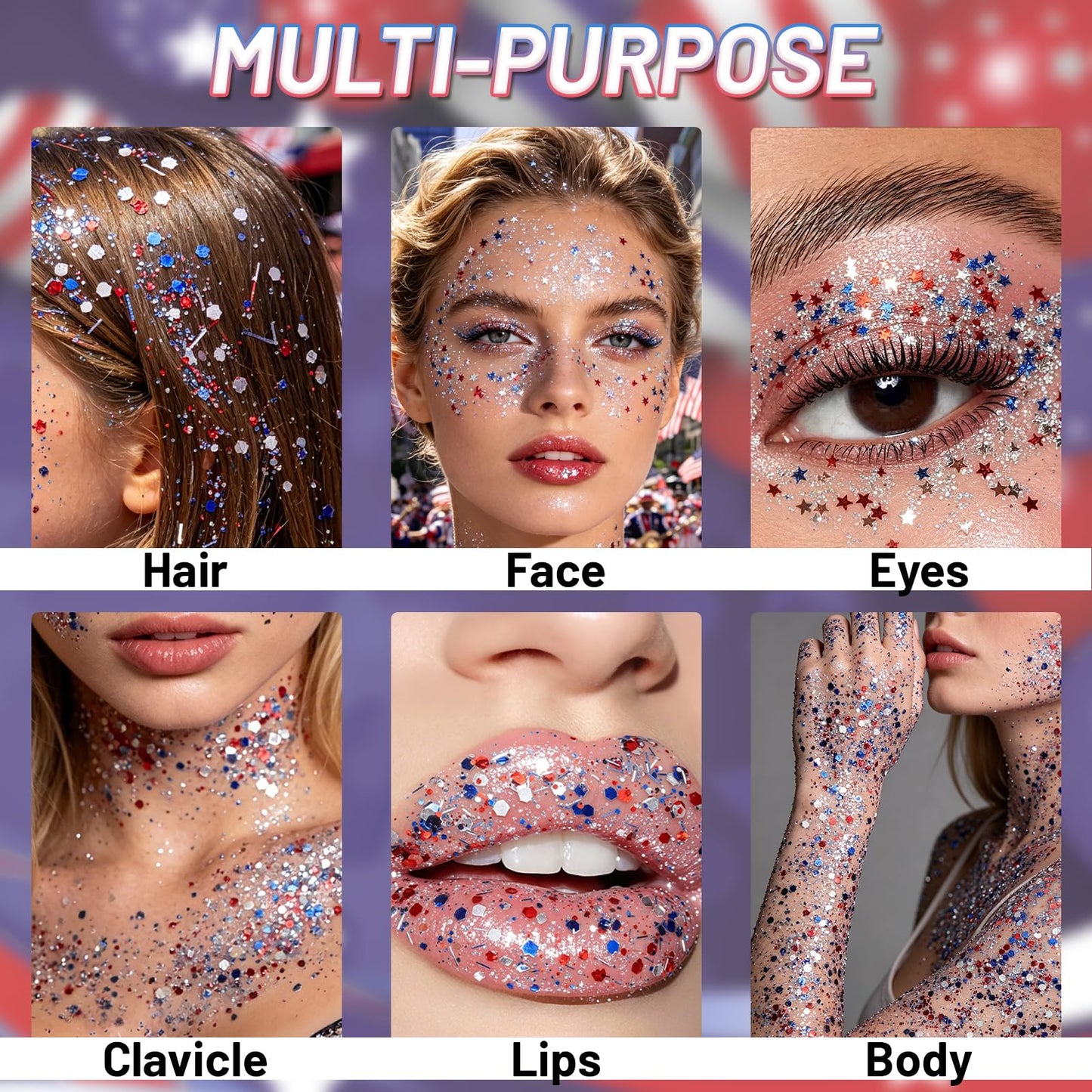 CAHOTO Flag Hex Strip Glitter Gel, Red White Blue Hexagon Strip, Patriotic Pride USA Flag Sparkling Sequins for Independence Day 4th of July Memorial Day Semiquincentennial 250 Anniversary, 70ml