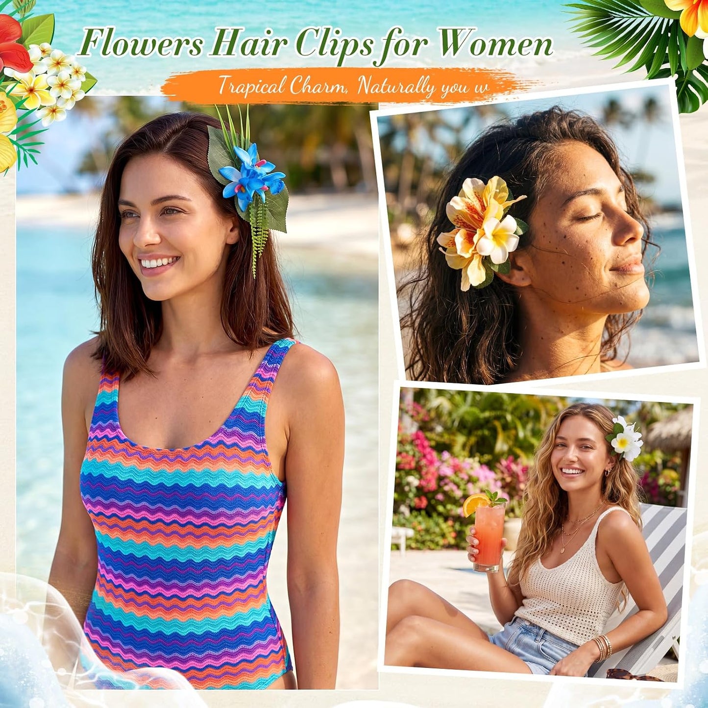 Hawaiian Flower Hair Clips - 6 Pcs Tropical Floral Accessories for Summer Beach Weddings | Large Plumeria & Orchid Design