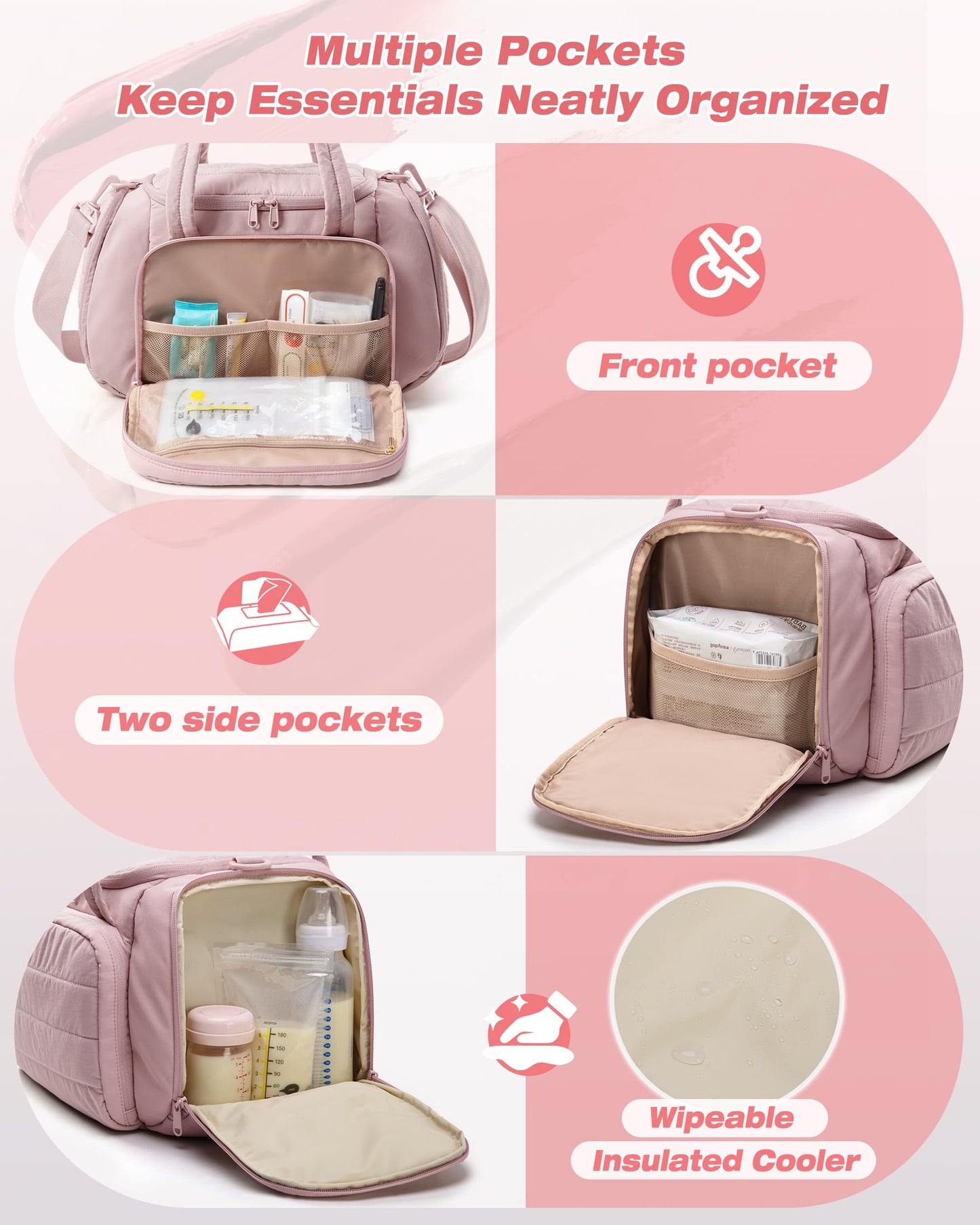 Marscamd Quilted Breast Pump Bag Compatible with Spectra S1 and S2, Pumping Bag with Cooler Compartment and a Drying Mat, Pink