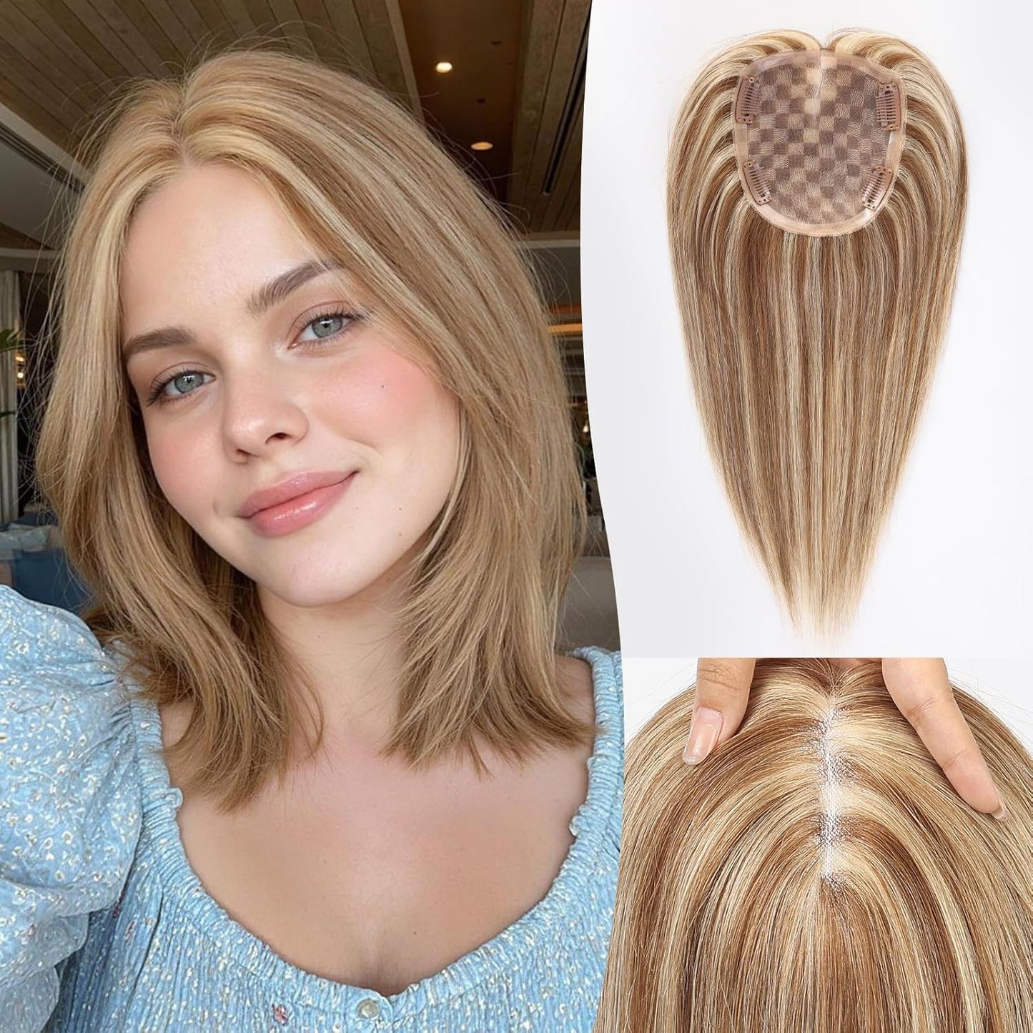 Real Human Hair Toppers for Women - 14-Inch Mixed Brown with Bangs | 6" x 5" Swiss Lace Base