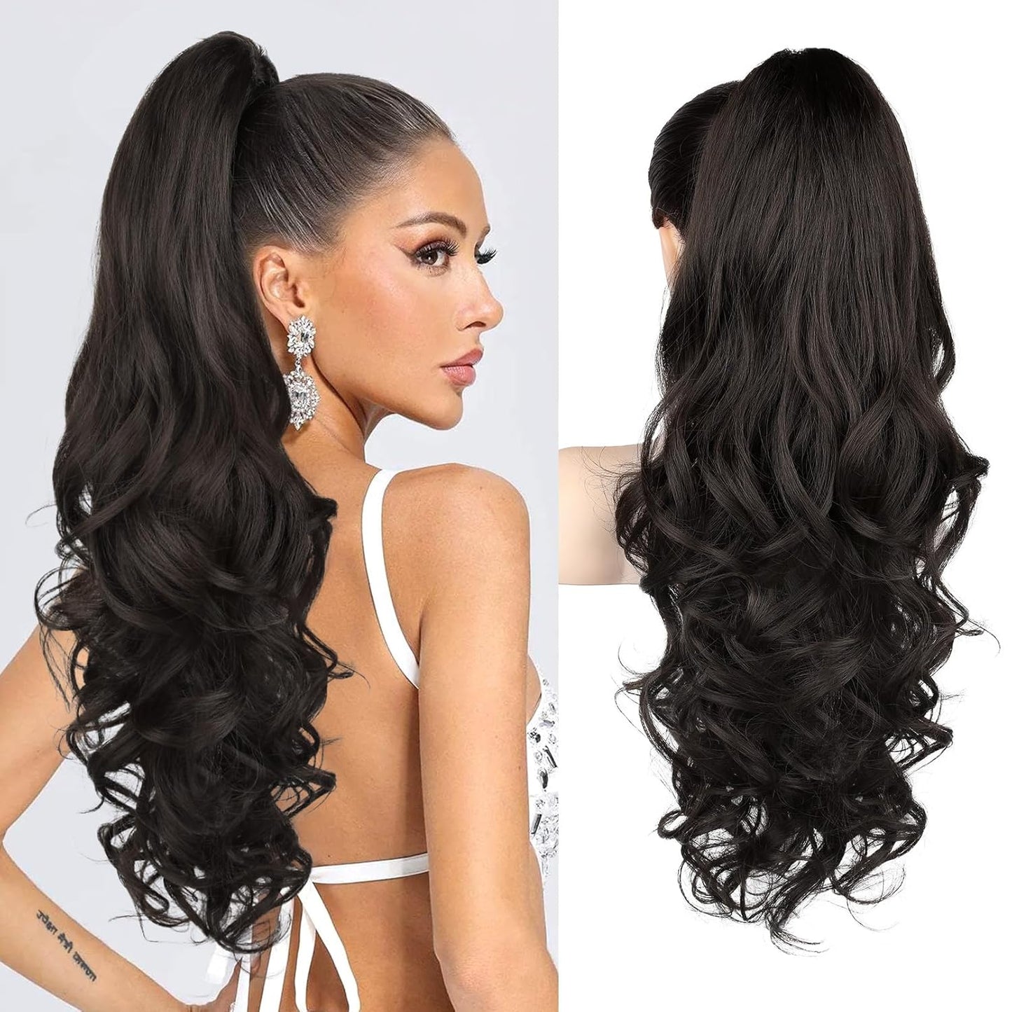 Ponytail Extension - 24" Claw Clip In Long Curly Wavy Hairpiece | Medium Blonde with Highlights