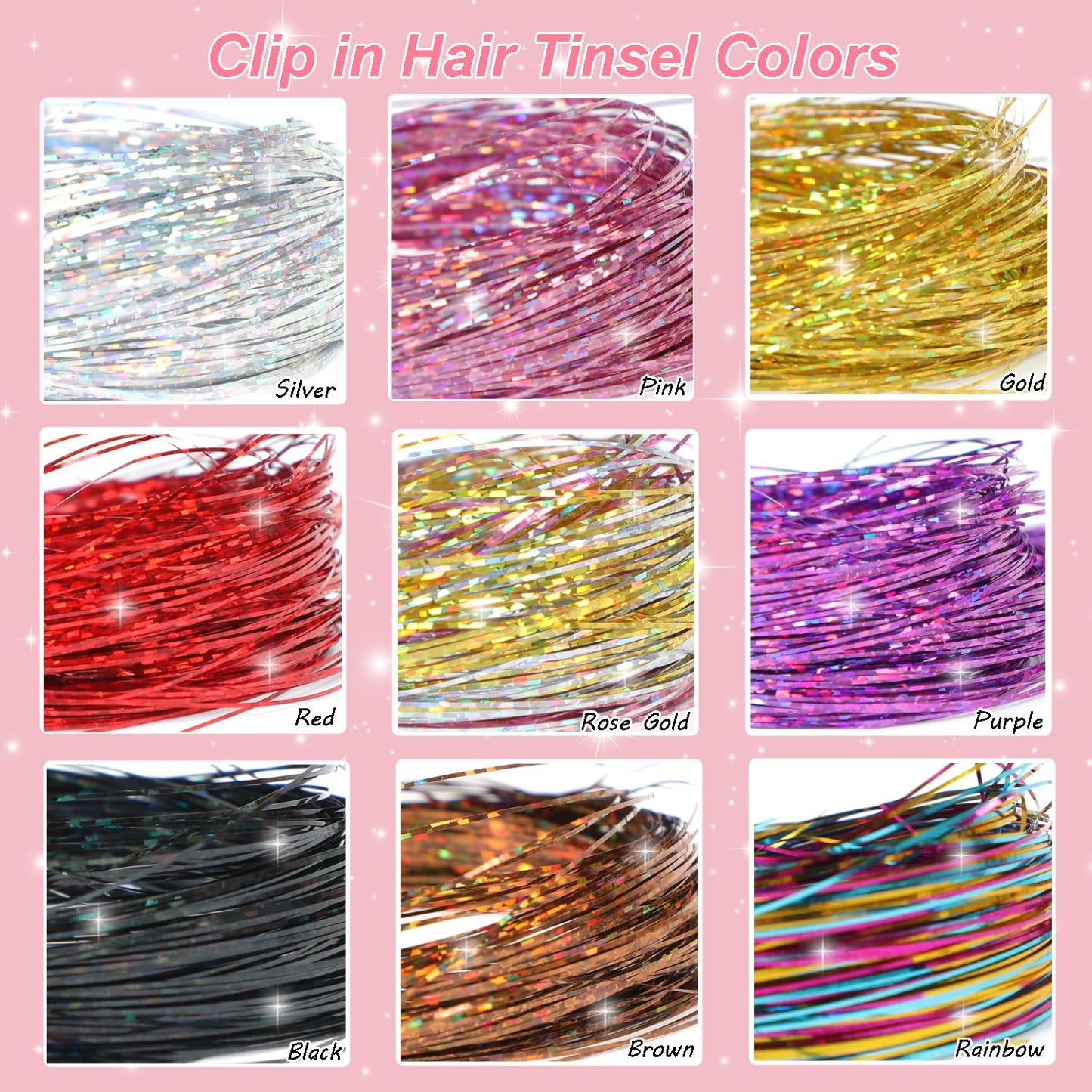 USHUIUS Hair Tinsel Clip in 12Pcs Silver Tinsel Hair Extensions Clip in Hair Tinsel Fairy Glitter Hair Tinsel Kit Heat Resistant Sparkly Hair Accessories for Girls Women Kids (12Pcs SILVER)