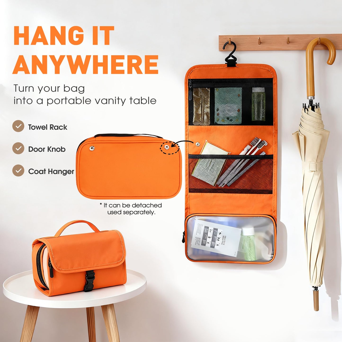 Toncoke Travel Toiletry Bag Set, Hanging Toiletry Bag Premium Faux Leather, Toiletry Bag for Women & Men, Travel Essentials Makeup Bag Water-resistant, Faux Leather Orange