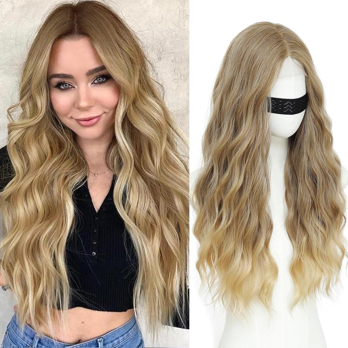 Ombre Blonde Wigs for Women - 26 Inch Long Wavy Synthetic Lace Front Wig | Heat Resistant for Daily & Party Wear