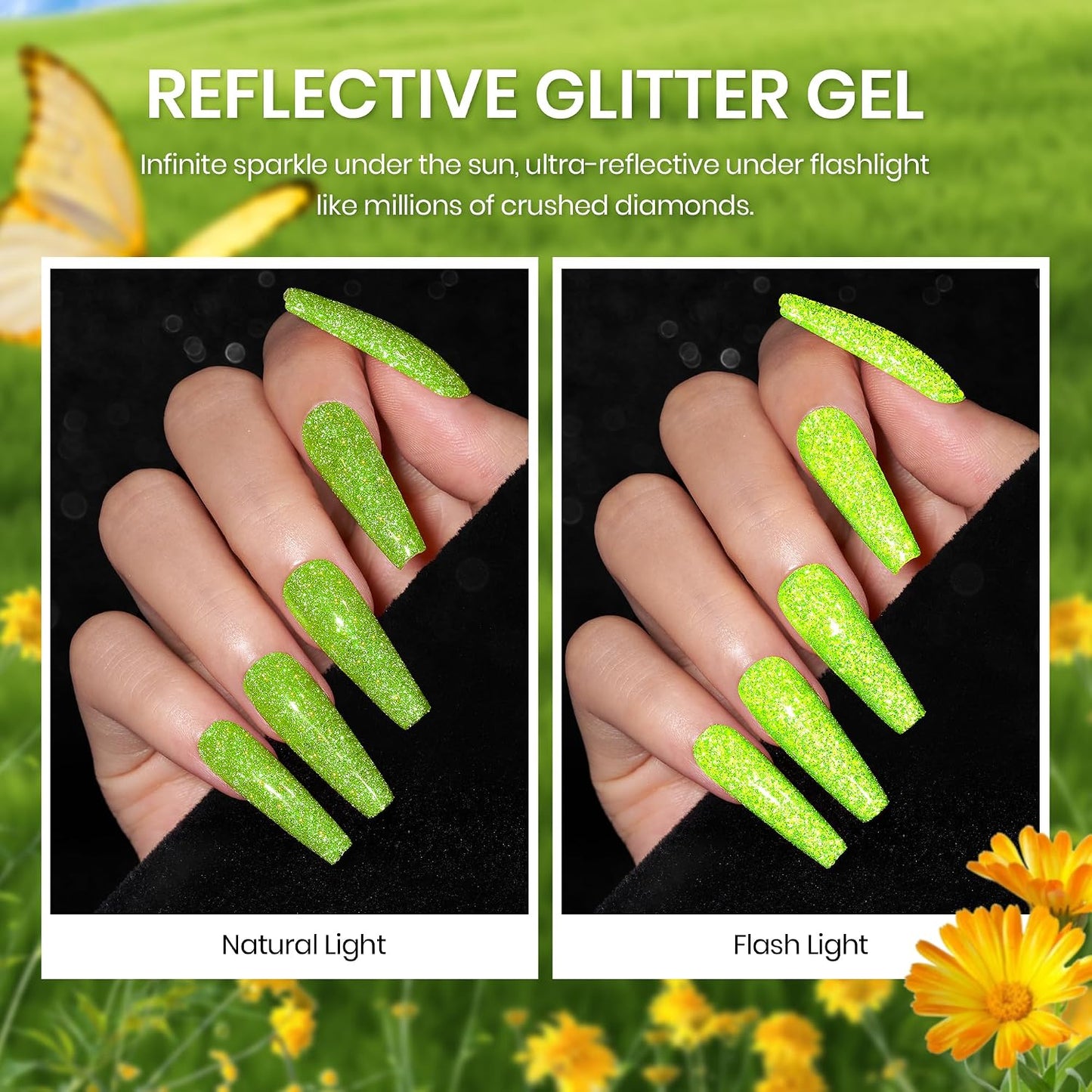 Beetles Green Gel Nail Polish Set - 6 Colors Cat Eye Glitter Gel | Summer Lime Yellow Flash UV LED Starter Kit for DIY Home & Salon Use