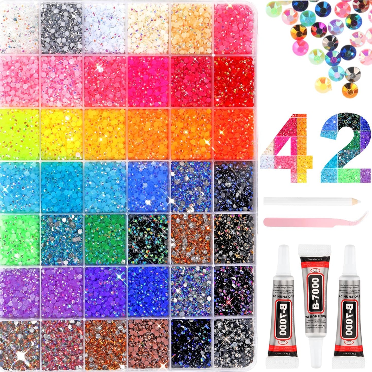 Resin Jelly Rhinestones - 52000 Pcs 3mm Multicolor Flatback Gems for DIY Crafting | Includes 3 Pcs B7000 Jewelry Glue