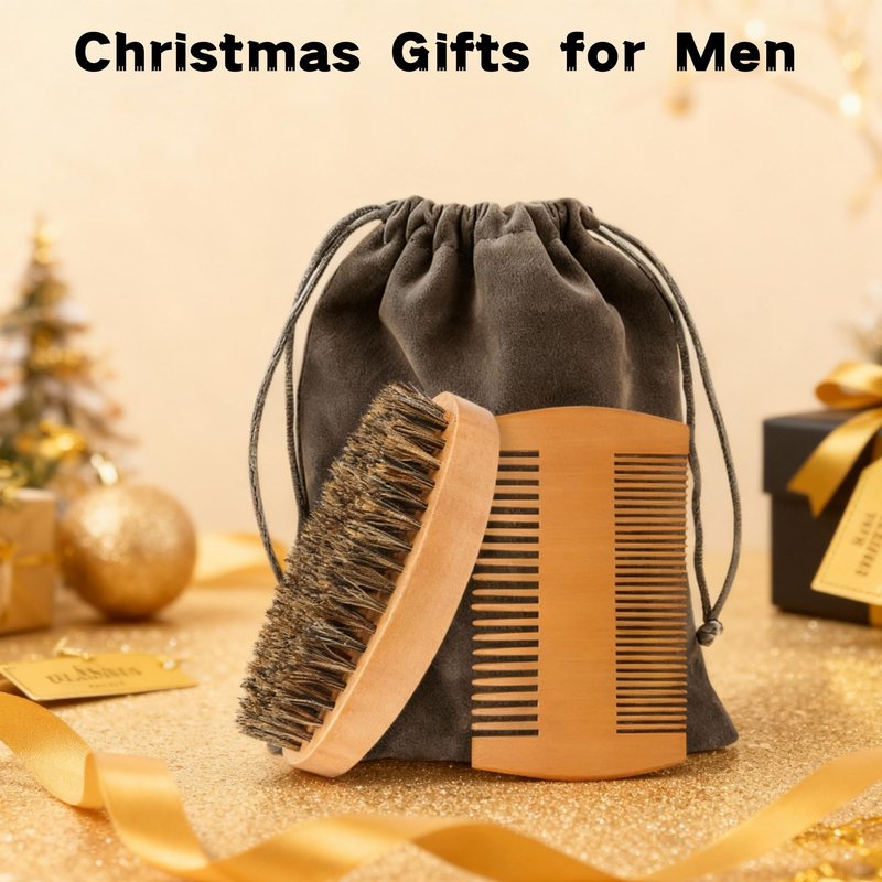 viviyoo Beard Brush and Comb Set for Men Boar Bristle Beard Brush, Wooden Comb & Travel Pouch White Elephant Gifts, Christmas Stocking Stuffers for Husband Dad Boyfriend Portable Beard Grooming Kit