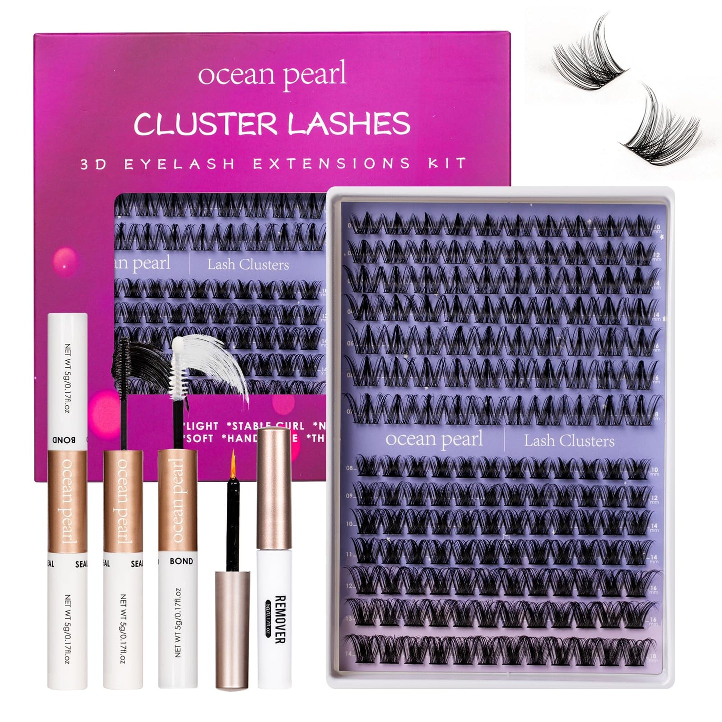 Ocean Pearl Lash Clusters Kit 154pcs,10-18mm manga/anime-inspired lashes clusters,spike-effect cluster lashes,Eyelashes,DIY Cluster Eyelash Extensions kit with lash bond+seal+remover+tweezers-M31+M34