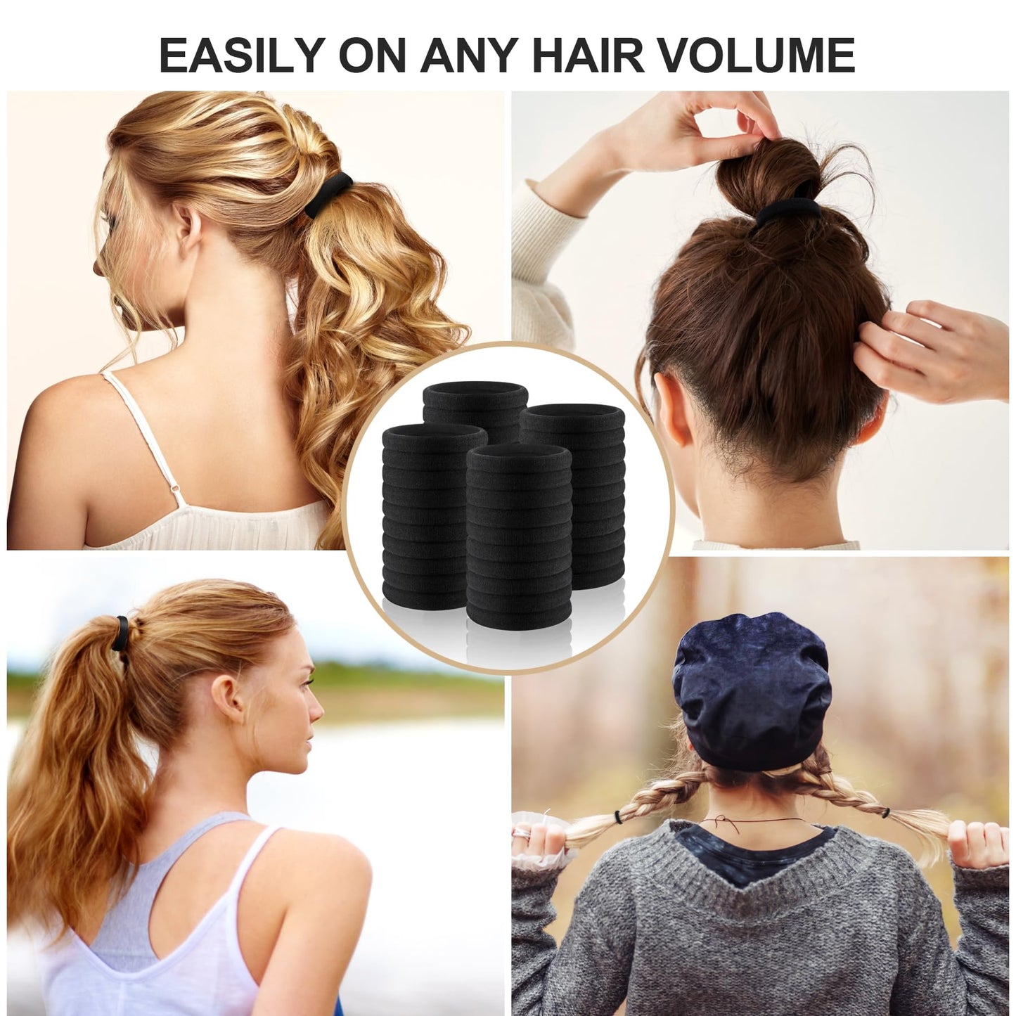 Ayogost 180Pcs Black Hair Ties No Damage for Thick Hair, High Stretch Hair Bands, Seamless Cotton Ponytail Holders for Women Girls or Men, Ouchless Elastic Hair Ties for Gym & Daily Use