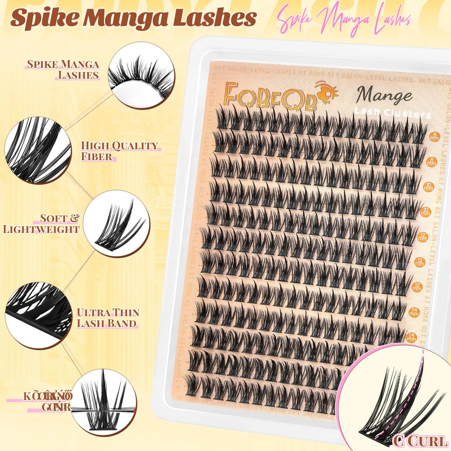 192Pcs Manga Lash Clusters with Spikes, 10mm C Curl Natural Wispy Eyelash Clusters with 0.07mm Thin Band & Waterproof, DIY Individual Lashes Extensions Salon Look for Daily Work and Party
