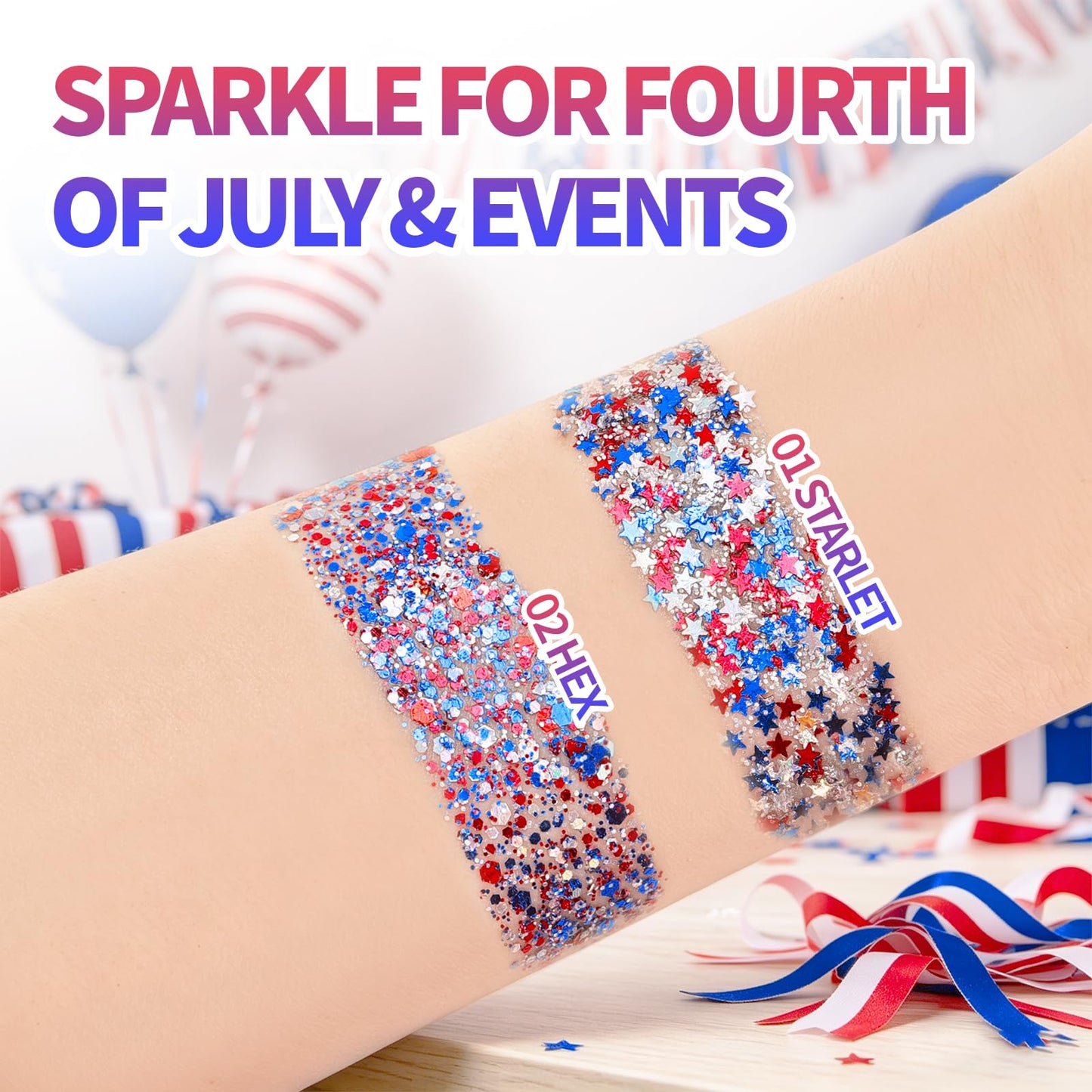 CAHOTO Hex Glitter Stick, Red White Blue Hexagon for Face Body Hair, Patriotic Pride USA Flag Sparkling Sequins for Independence Day 4th of July Memorial Day Semiquincentennial 250 Anniversary, 1.2oz